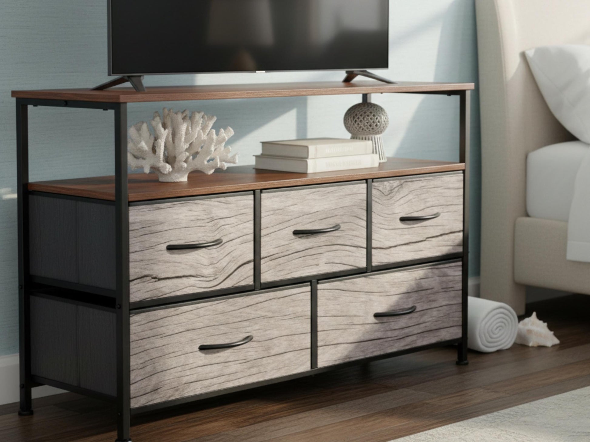 TV Stand With Drawers Driftwood Coastal Effect Decorative Fabric Drawers Bedroom Chest of Drawers Beach Theme Modern Plug & Charging Station