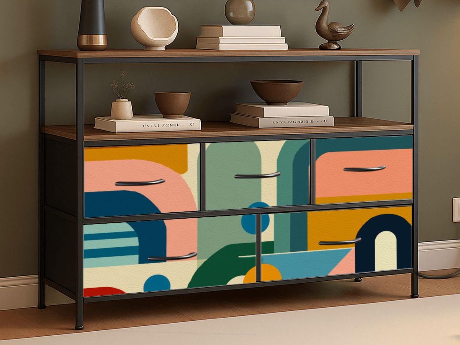 Made to Order Midcentury Modern TV Stand with Charging Station Colorful Abstract Drawer Media Console Mid Century Storage Cabinet Furniture