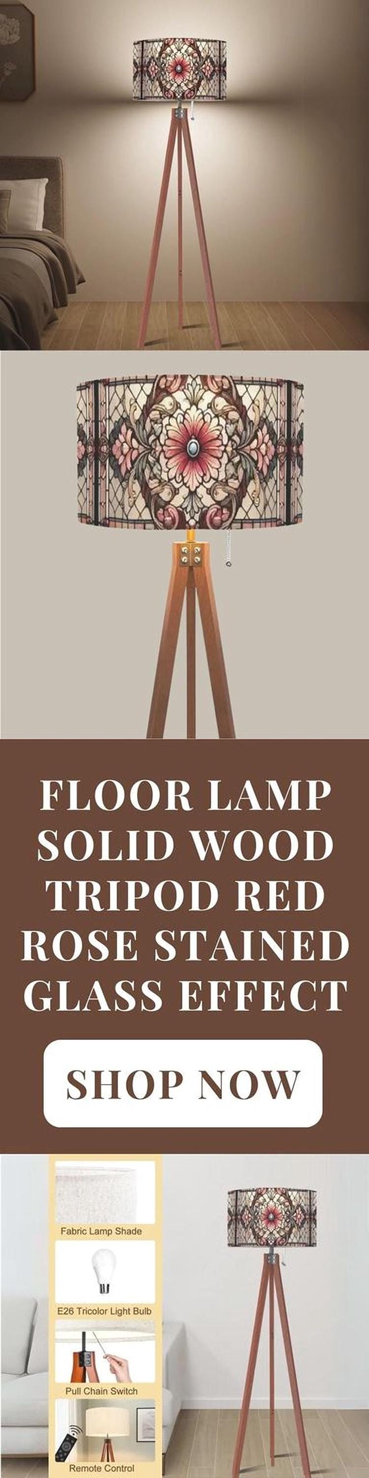 Floor Lamp Mid Century Wood Tripod Tall Lamp Solid Wood Linen Shade Stained Glass Effect Tall Lamp Housewarming Gift Living Room Decor Lamp