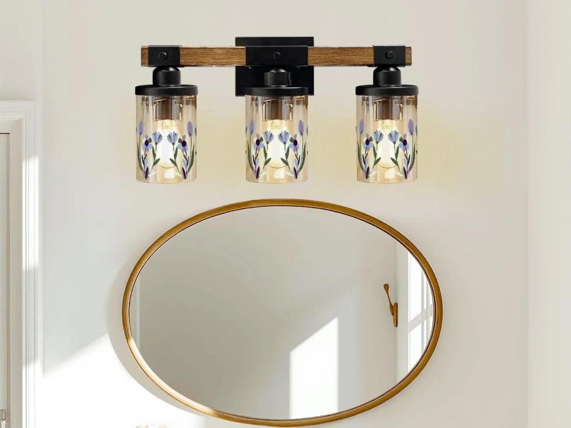 Bathroom Vanity Light Fixture Purple Floral 3-Light Farmhouse Luxury Bathroom Lighting Flower Metal and Glass Restroom Light Over Sink Decor