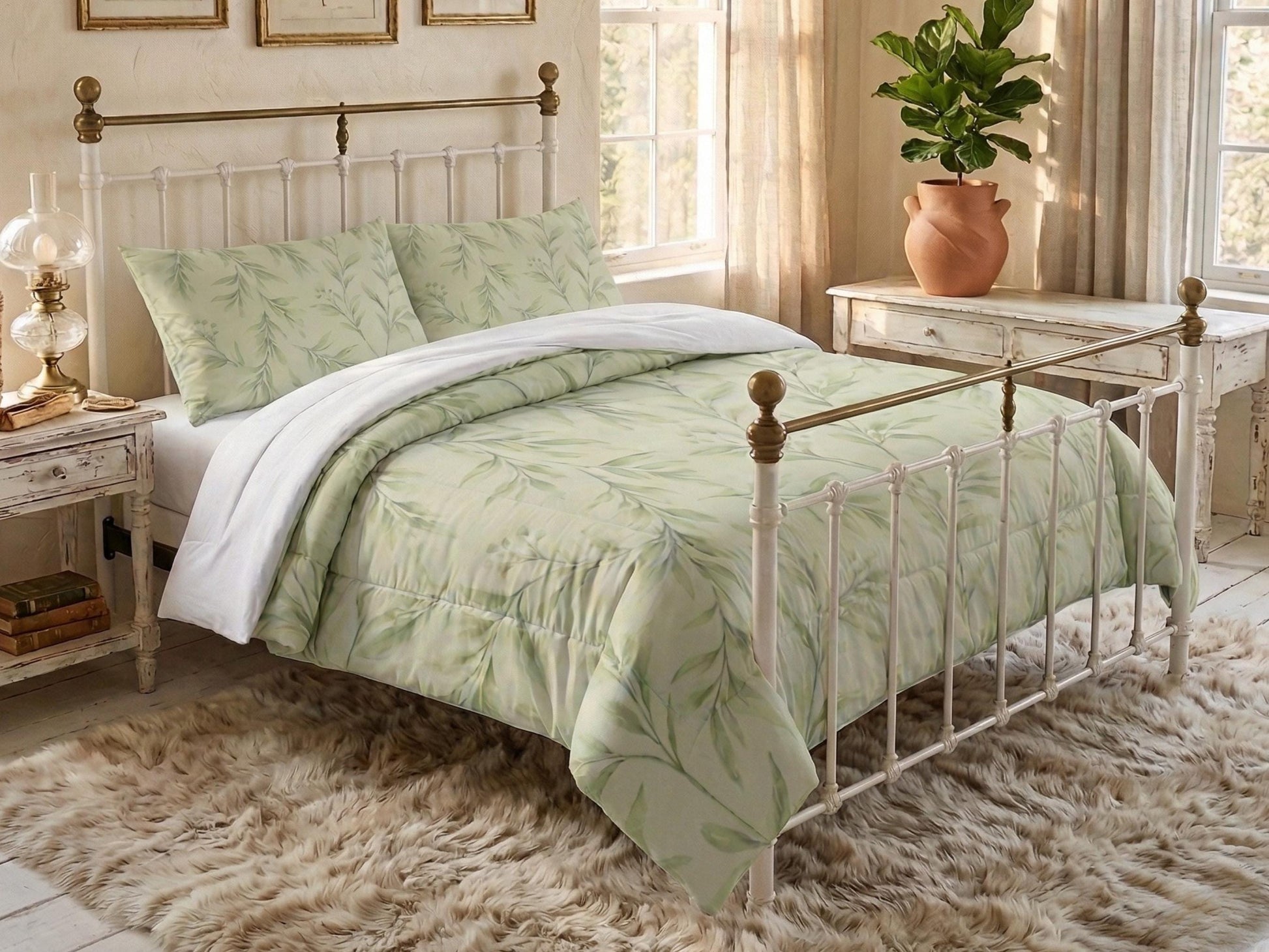 Comforter Set Botanical Sage Green Floral Pistachio Bedding Modern Organic Bed Set with Pillowcase Minimal Neutral Bedroom Decor Soft Green