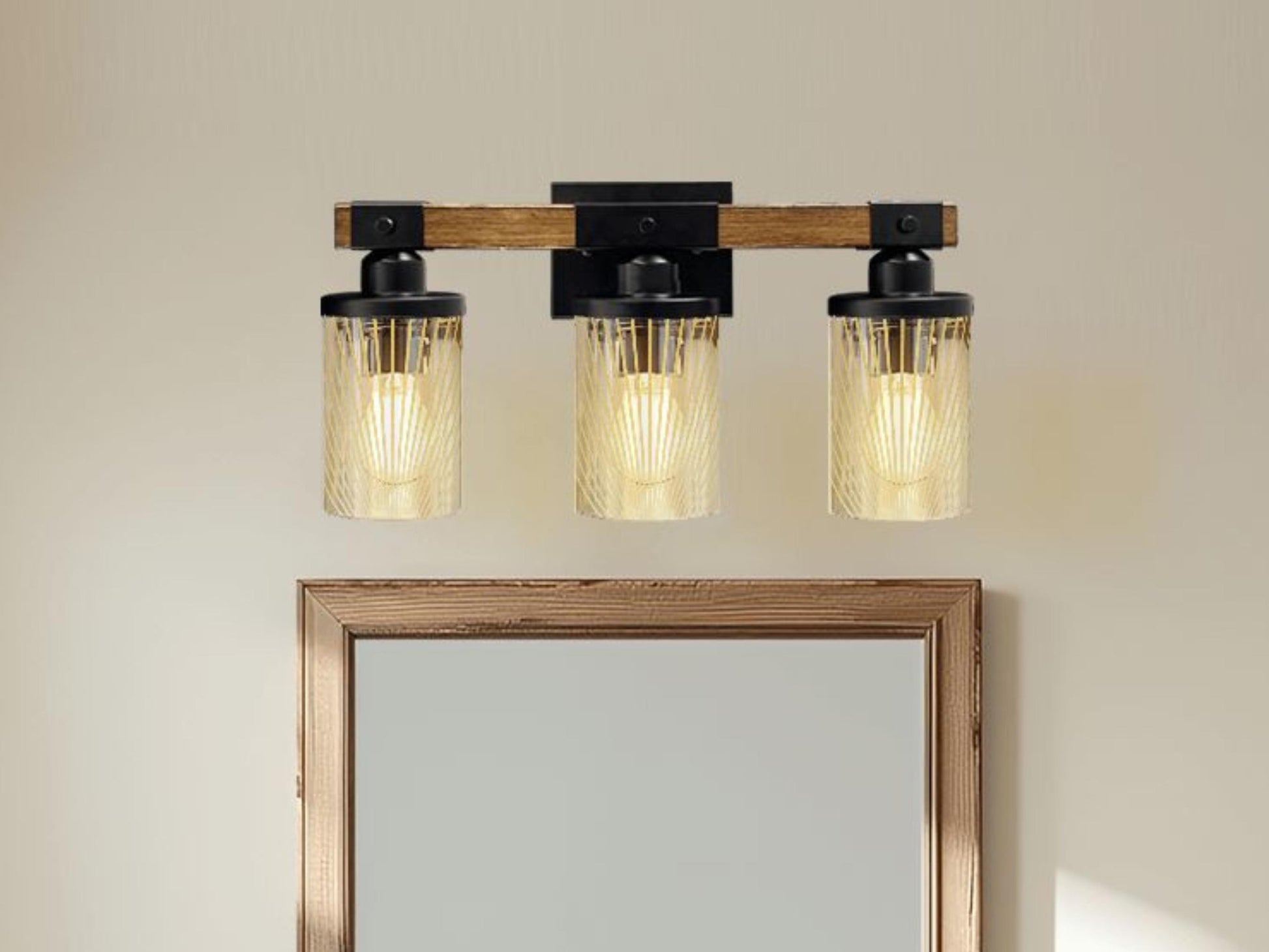 Luxury Bathroom Lighting Modern Farmhouse Vanity Light Fixture 3-Light Decorative Metal & Glass Bath Light Lined Beige Light Over Sink Decor