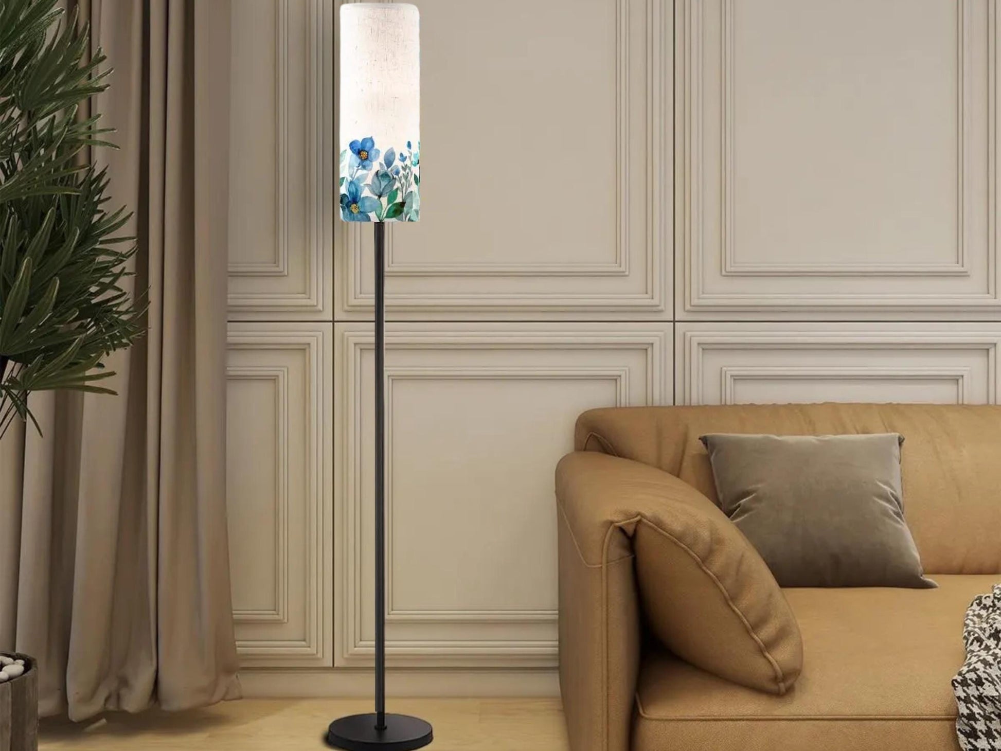 Floor Lamp Mid Century Modern Beige Blue Floor Lamp Stripe MCM Floor Lighting Tall Lamp Subtle Floral Blue Accent Lighting Vintage Mod Decor