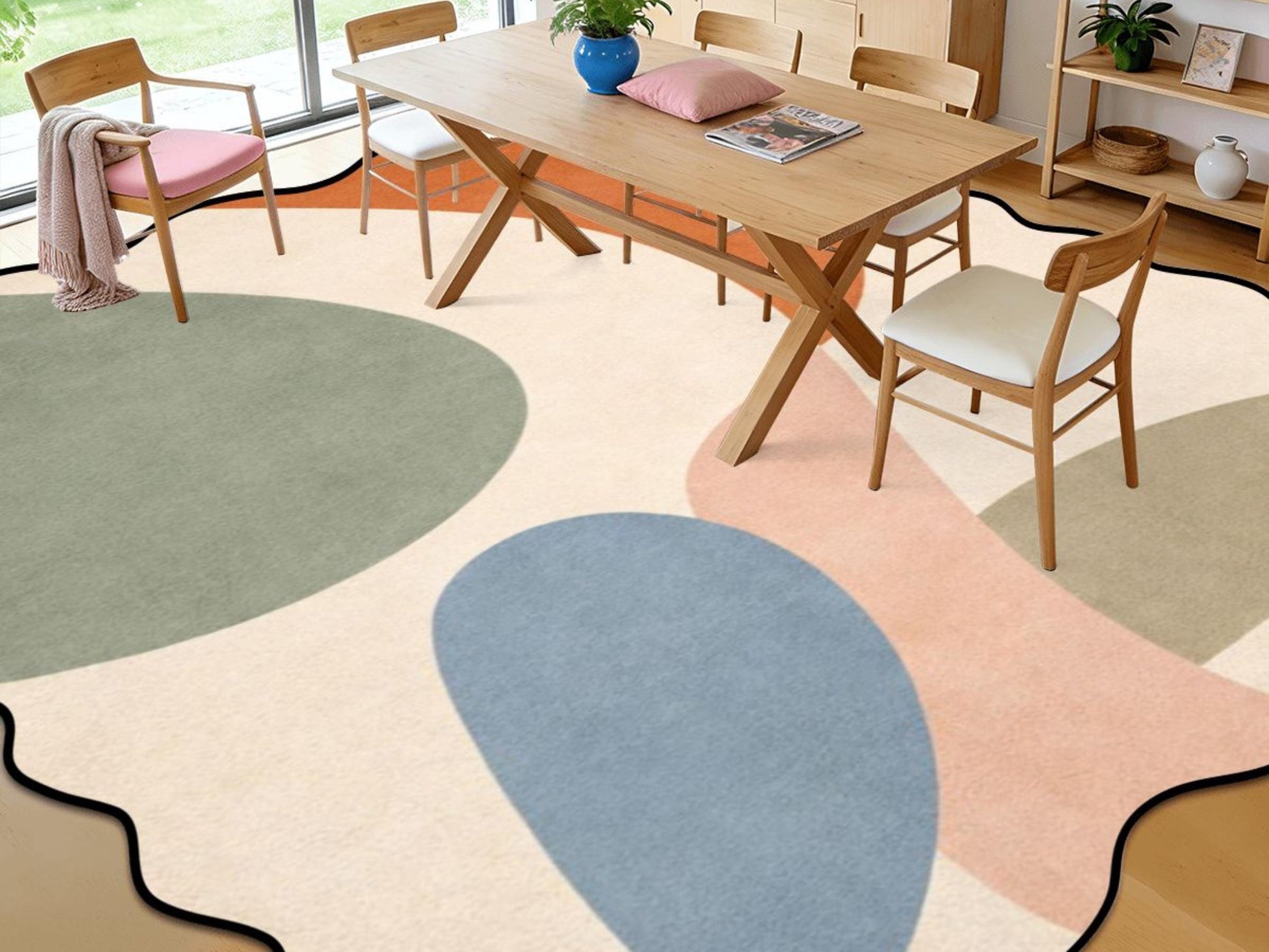 Organic Abstract Rug Scalloped Edge Area Rug Modern Scandinavian Rug Mid Century Designer Rug Neutral Living Room Rug Minimalist Carpet