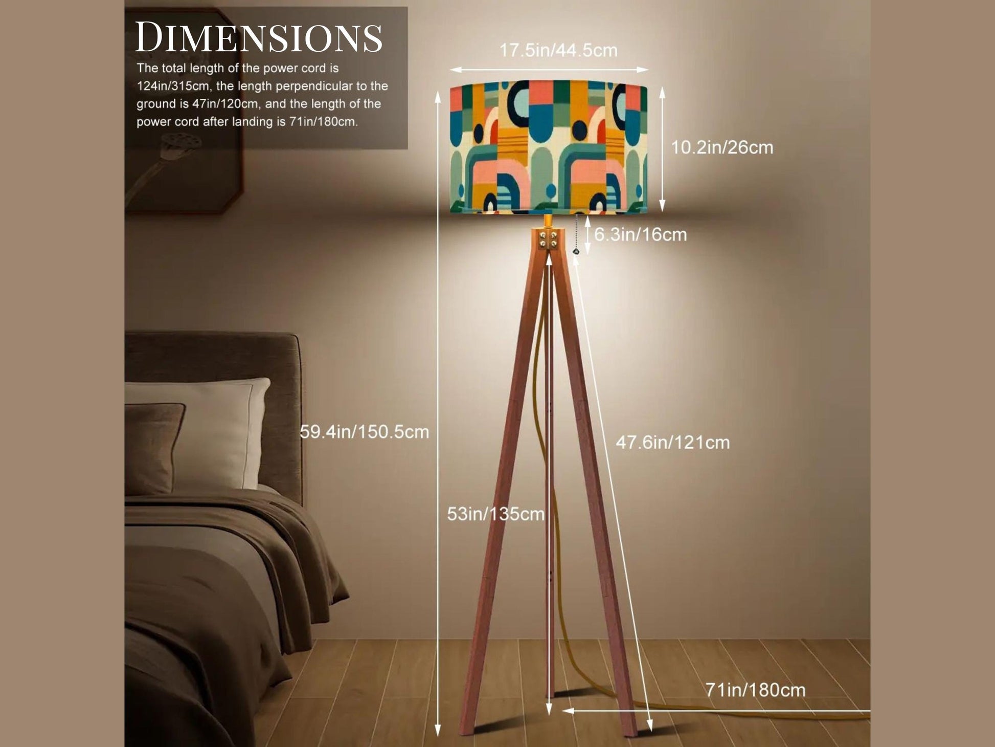 Mid Century Modern Tripod Floor Lamp Wood Base Housewarming Gift Living Room Lighting Decor Abstract Shape Orange Floor Lamp Gifting Idea