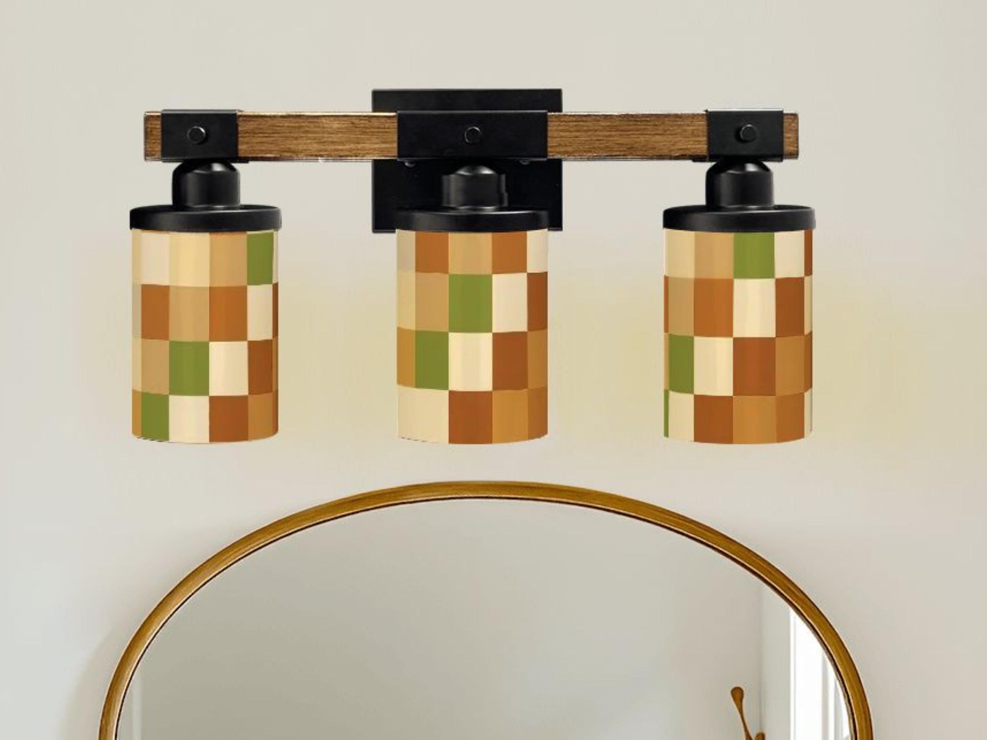 Luxury Bathroom Lighting MCM Vanity Light Fixture 3-Light Decorative Metal & Glass Restroom Light Midcentury Modern Checkers Over Sink Decor