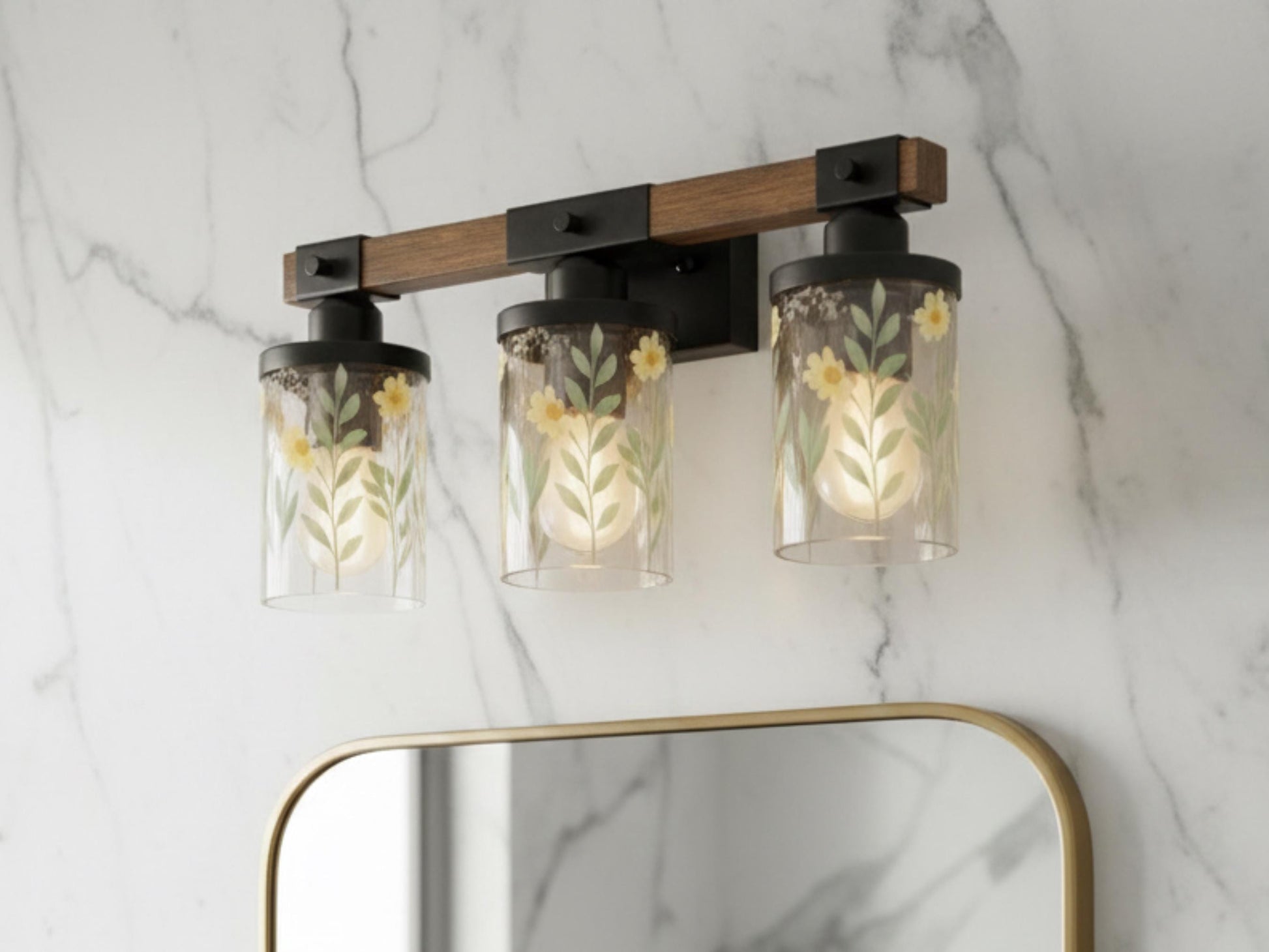 Luxury Bathroom Lighting Yellow Floral Vanity Light Fixture 3-Light Decorative Metal and Glass Restroom Light Garden Flower Over Sink Decor