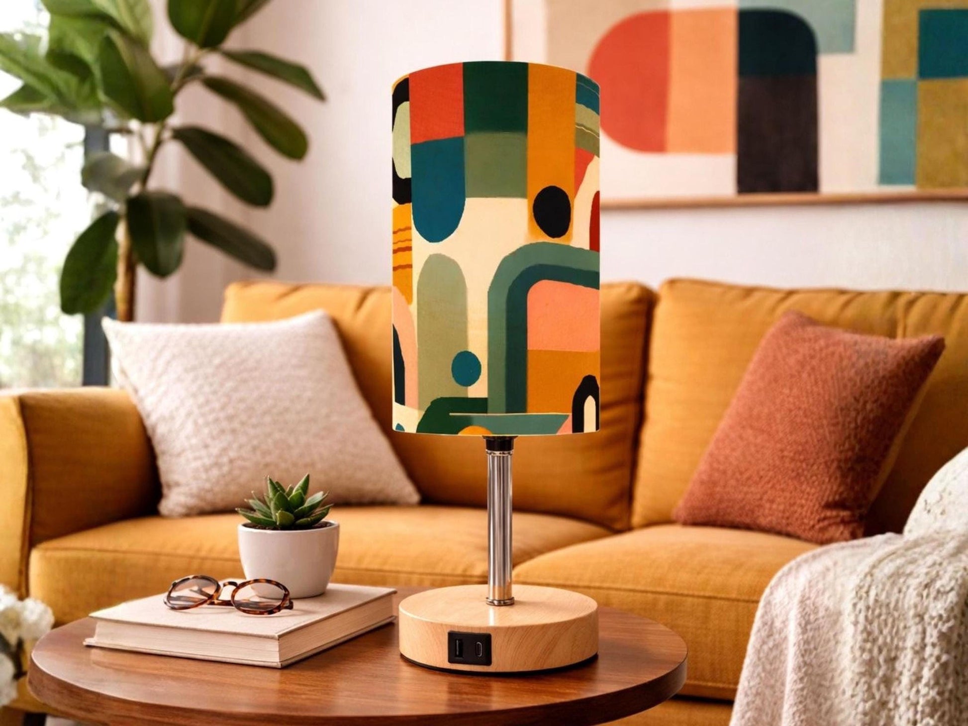 Table Lamp Touch Activated On Off Midcentury Modern Orange Lamp With USB Small Desk Lamp For Office Wood Desk Lamp Lighting for Living Room