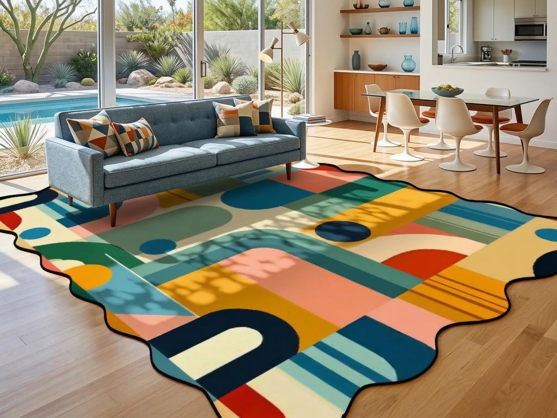 Mid Century Modern Scalloped Edge Rug 8x10 9x12 Geometric Area Rug MCM Retro Colorful Living Room Rug Statement Floor Decor Mid Mod Rug