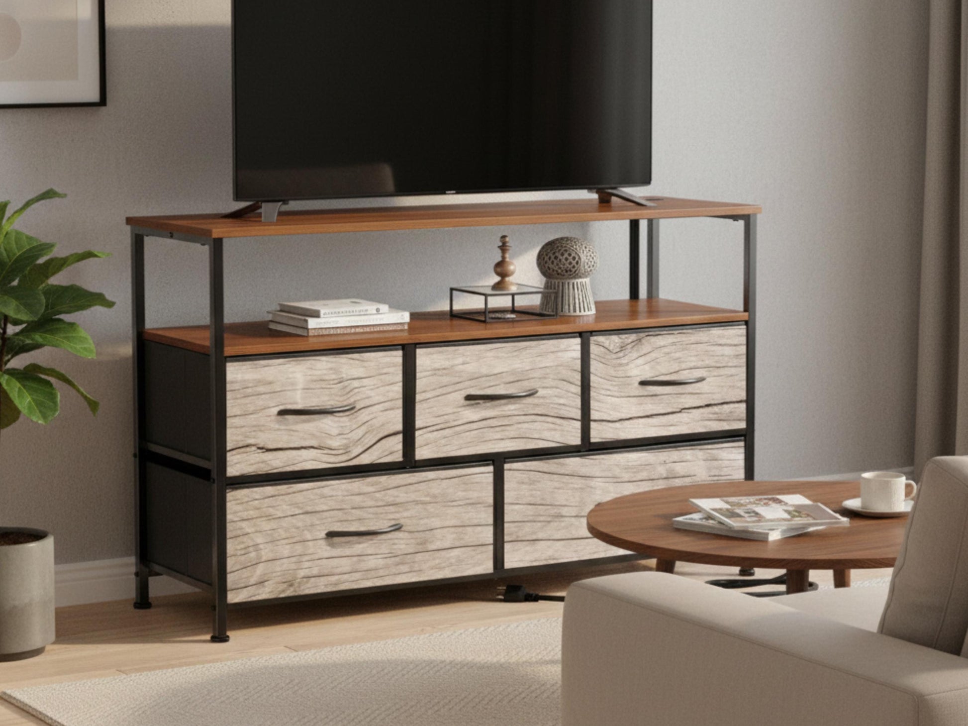 TV Stand With Drawers Driftwood Coastal Effect Decorative Fabric Drawers Bedroom Chest of Drawers Beach Theme Modern Plug & Charging Station