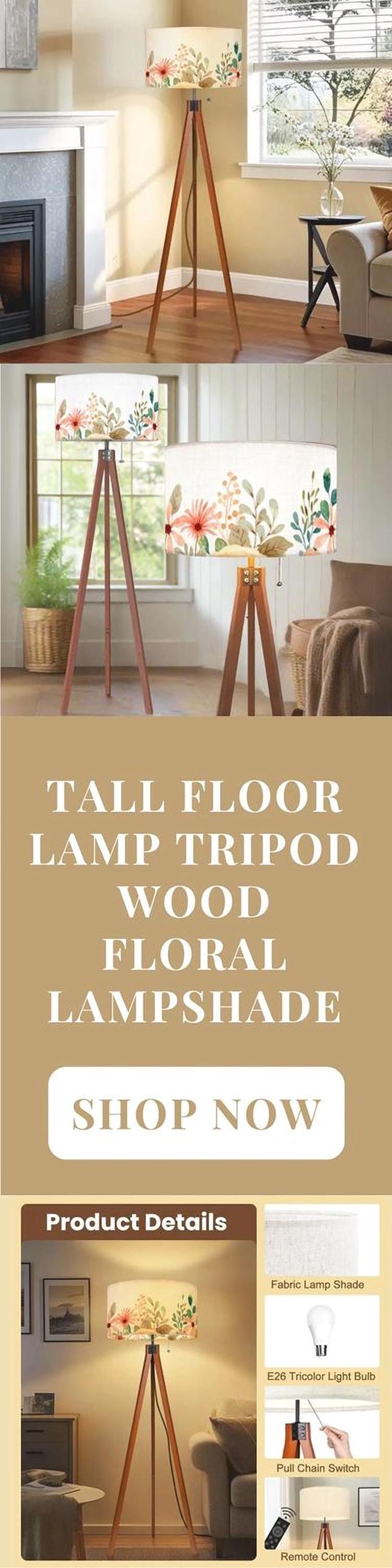 Floor Lamp Floral Tall Lamp Solid Wood Round Linen Shade Watercolor Floral Tall Lamp Housewarming Gift Living Room Lighting Decor Lamp
