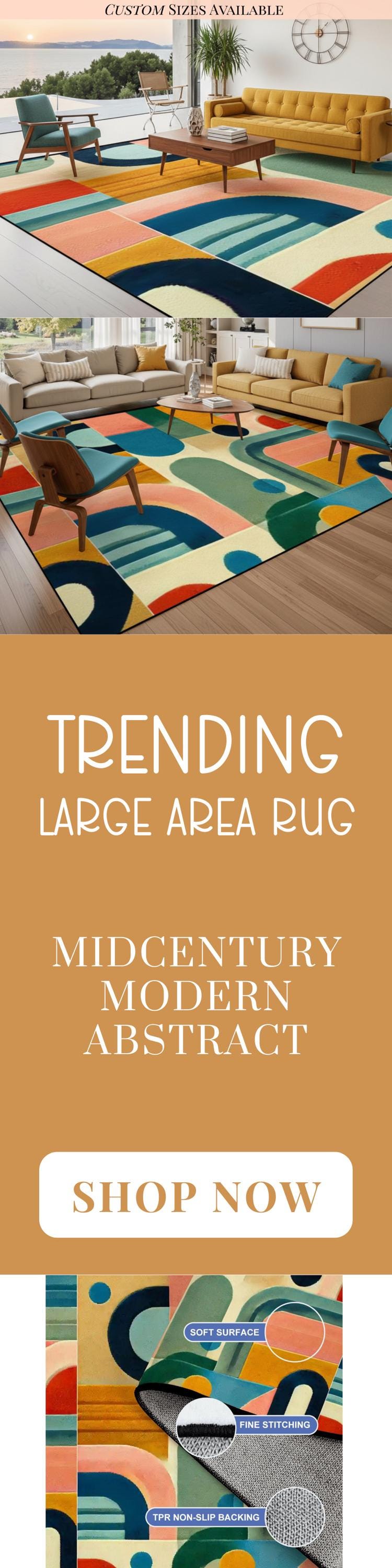 Large Area Rug Custom Size Midcentury Modern Living Room Rug Indoor MCM Design Carpet 96in x 120in Family Room Mid Mod Rug Soft Short Pile