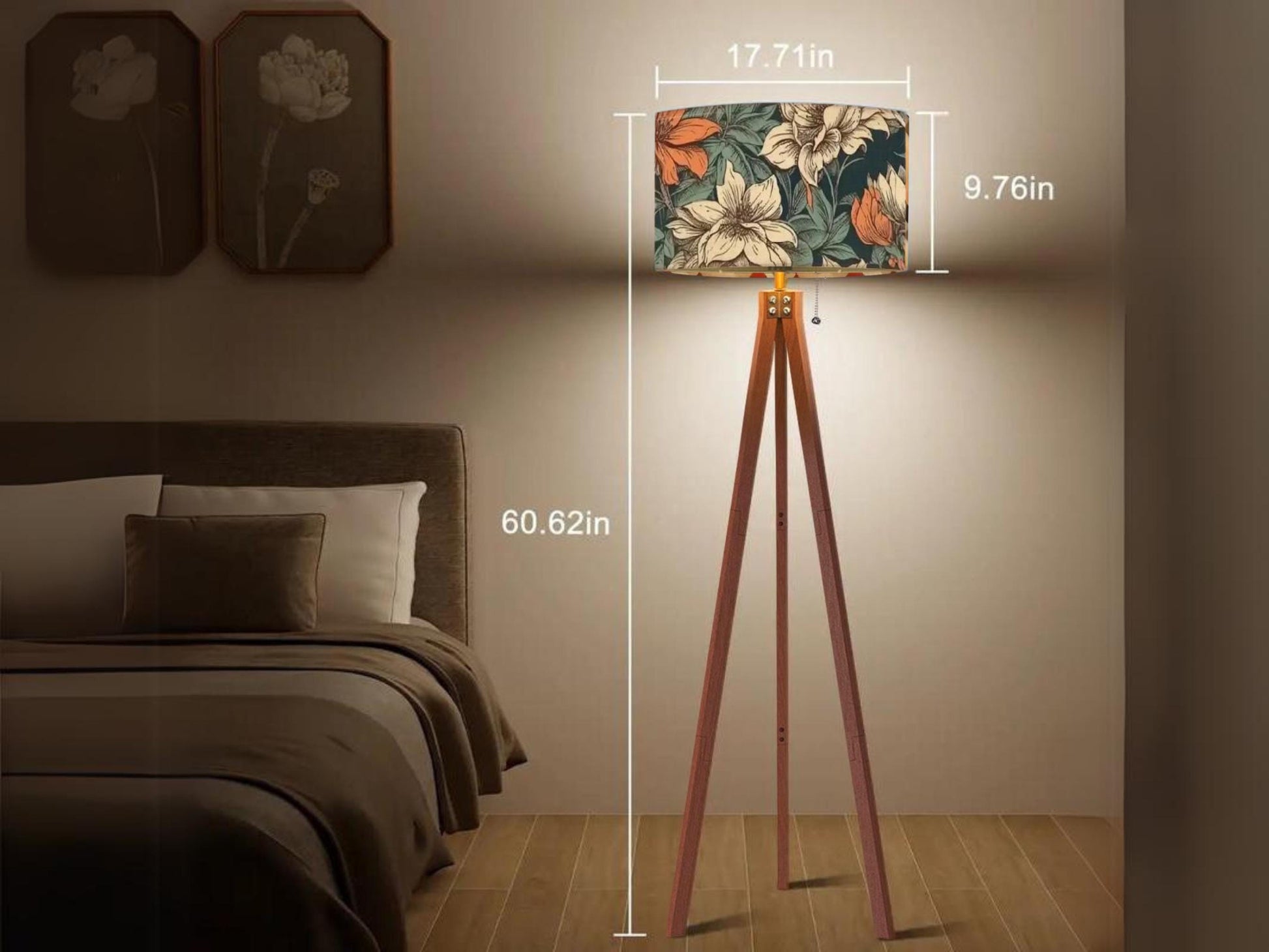 Floor Lamp Wood Tripod Tall Lamp Solid Wood Round Linen Shade Mid Century Floral Tall Lamp Housewarming Gift Living Room Lighting Decor Lamp
