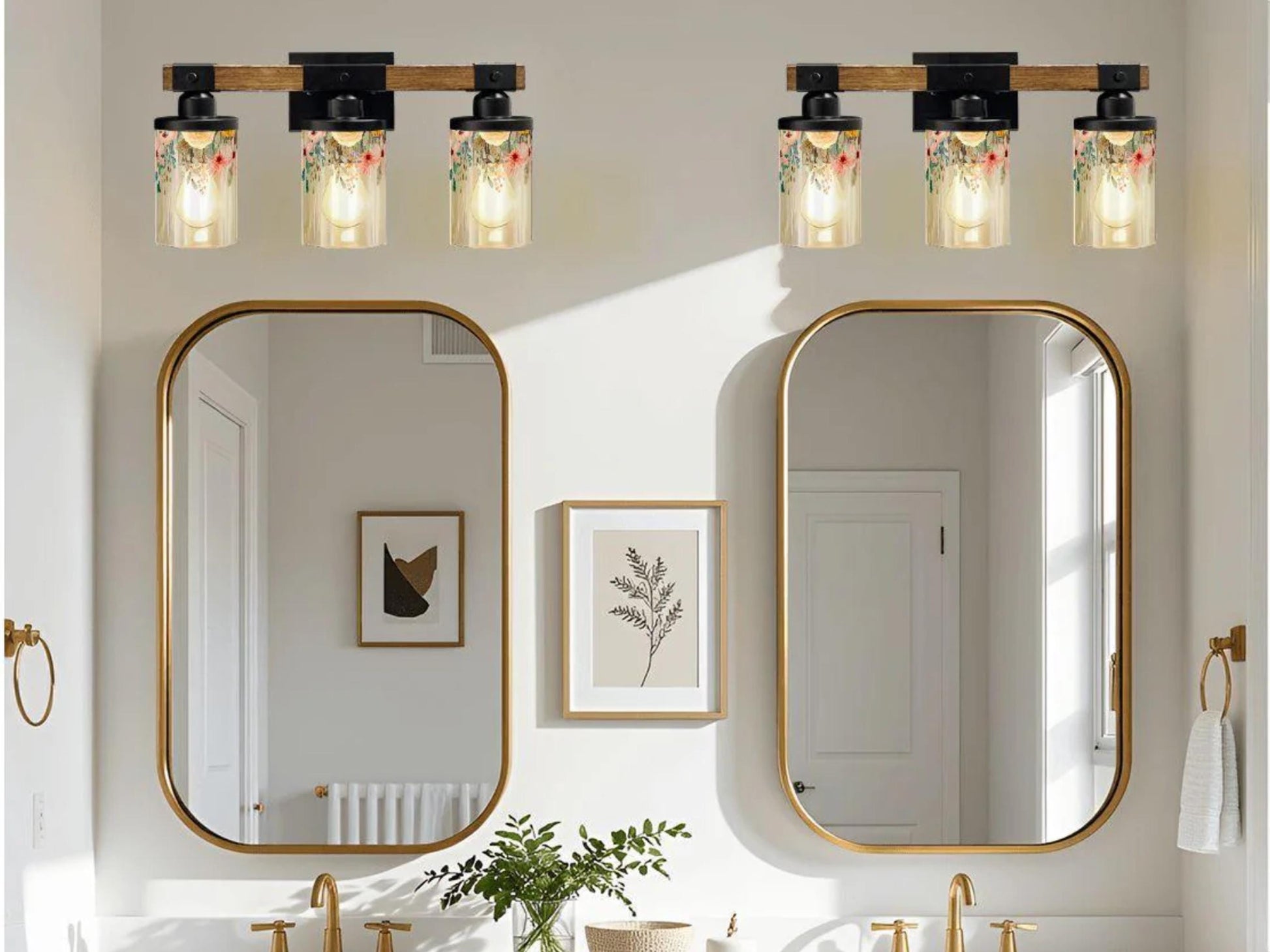 Vanity Light Fixture 3-Light Watercolor Floral Farmhouse Luxury Bathroom Lighting Flowers Metal and Glass Restroom Light Over Sink Decor