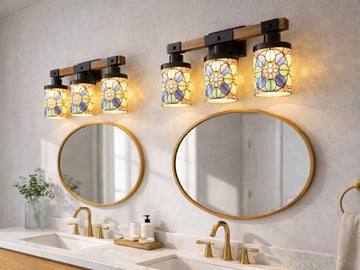 Stained Glass Affect Luxury Bathroom Lighting 3 Light Vanity Light Fixture Modern Pattern Metal and Glass Restroom Light Over Sink Decor