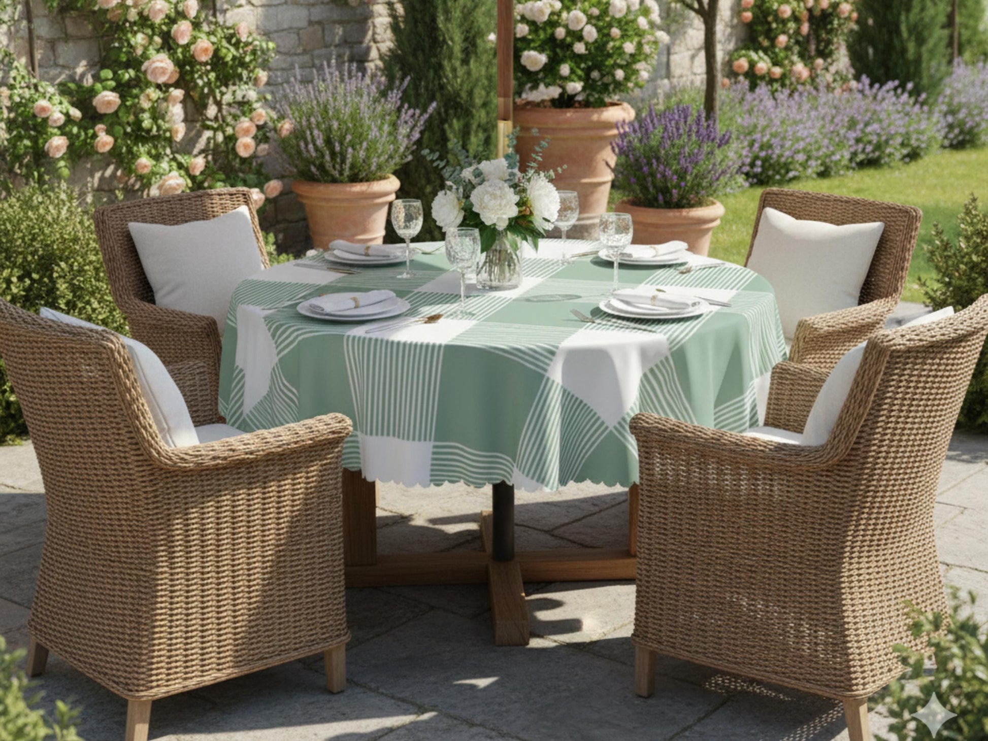 Plaid Tablecloth Green Scalloped Edge Lace Details For Spring Spill-Proof Summer Washable Fabric Table Cloth For Family Dinner Occasion