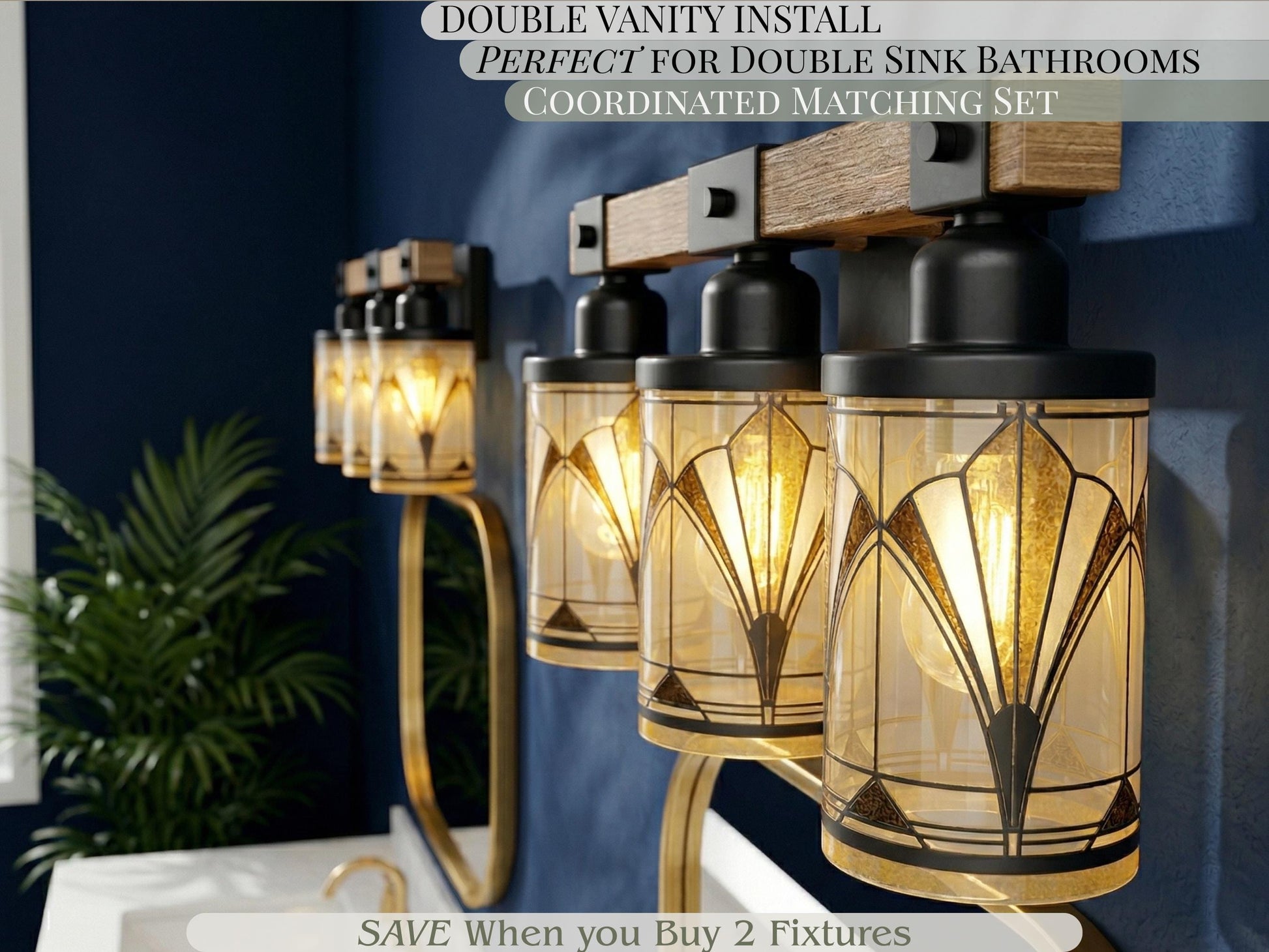 Art Deco Vanity Light Fixture Metal Glass Bathroom Lighting Vintage Wall 3-Light Above Sink Black Vanity Light Luxe Decor 3 Light Bath Decor