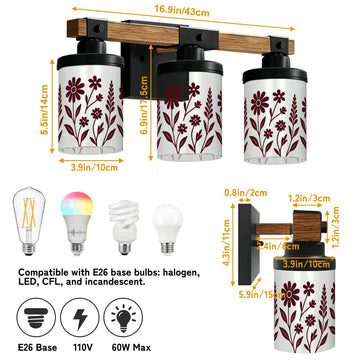 Burgundy Wildflower Silhouette Three-Light Vanity Fixture