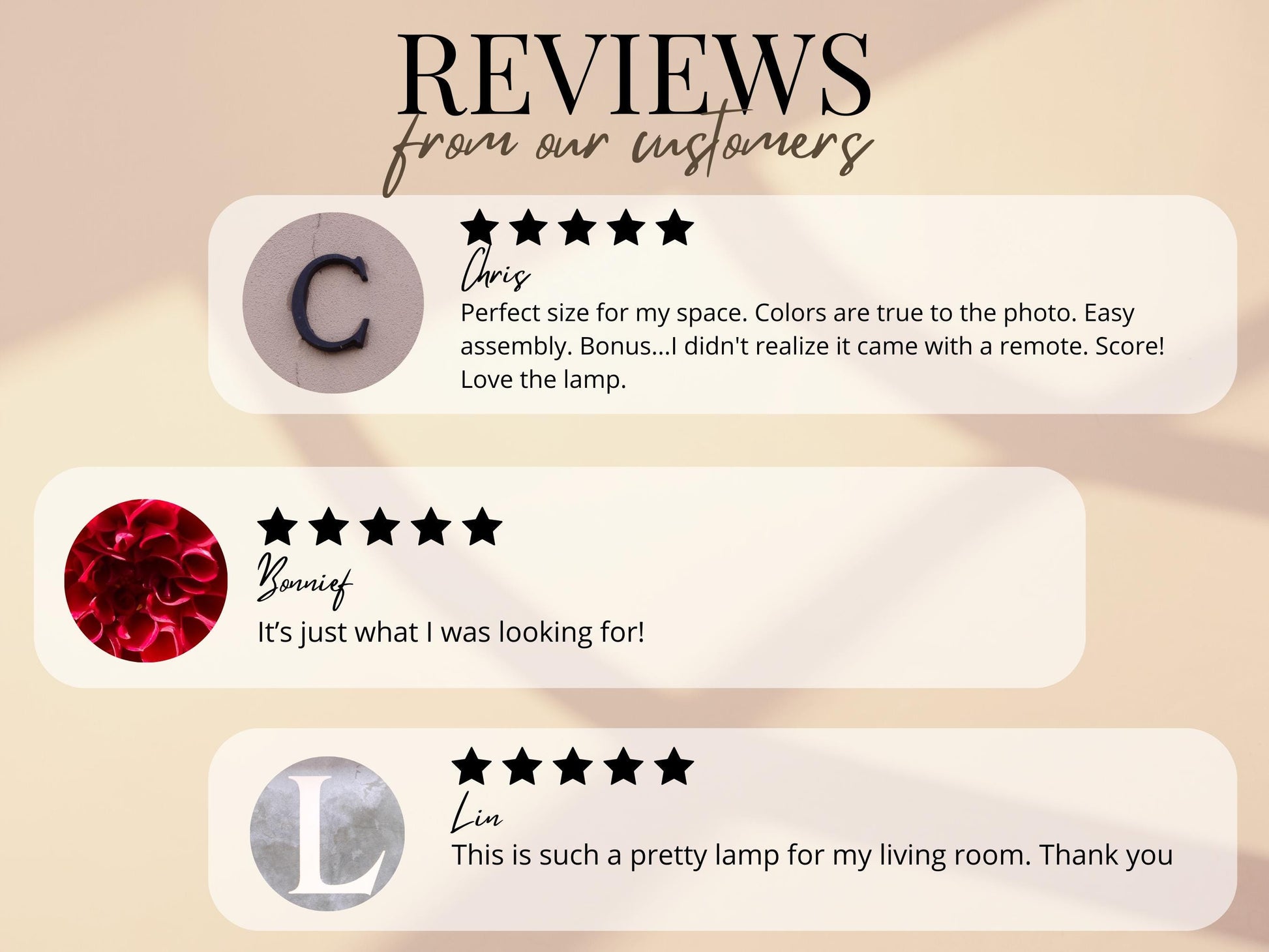 three reviews from customers, each with a rating and a description of their satisfaction with a product or service.