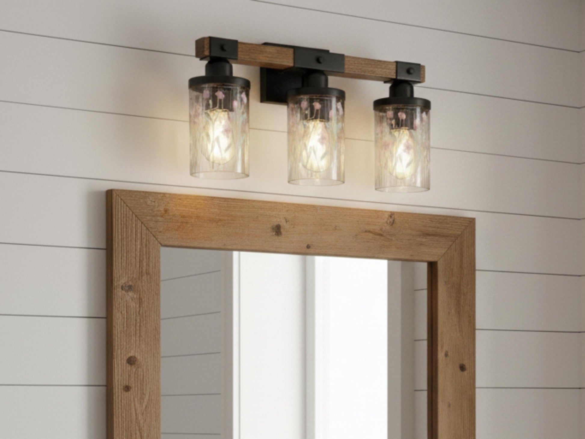 Luxury Bathroom Vanity Light Fixture 3-Light Watercolor Spring Floral Farmhouse Pink Flowers Metal and Glass Restroom Light Over Sink Decor
