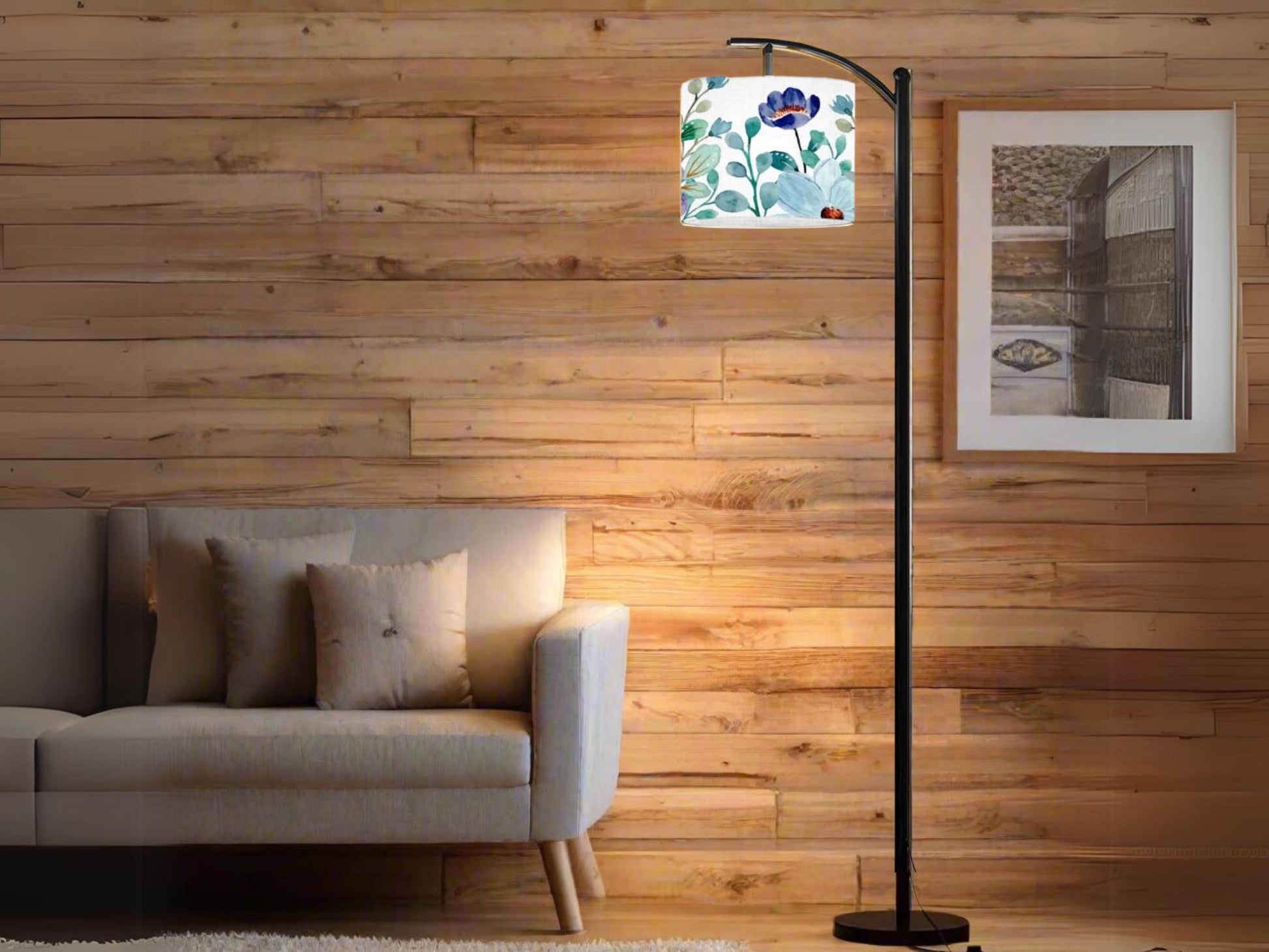 Arc Floor Lamp Modern Watercolor Blue Floral Living Room Lamp Gift Housewarming Gift Wildflower Design Bedroom Lighting Floor Lamp Gift Idea