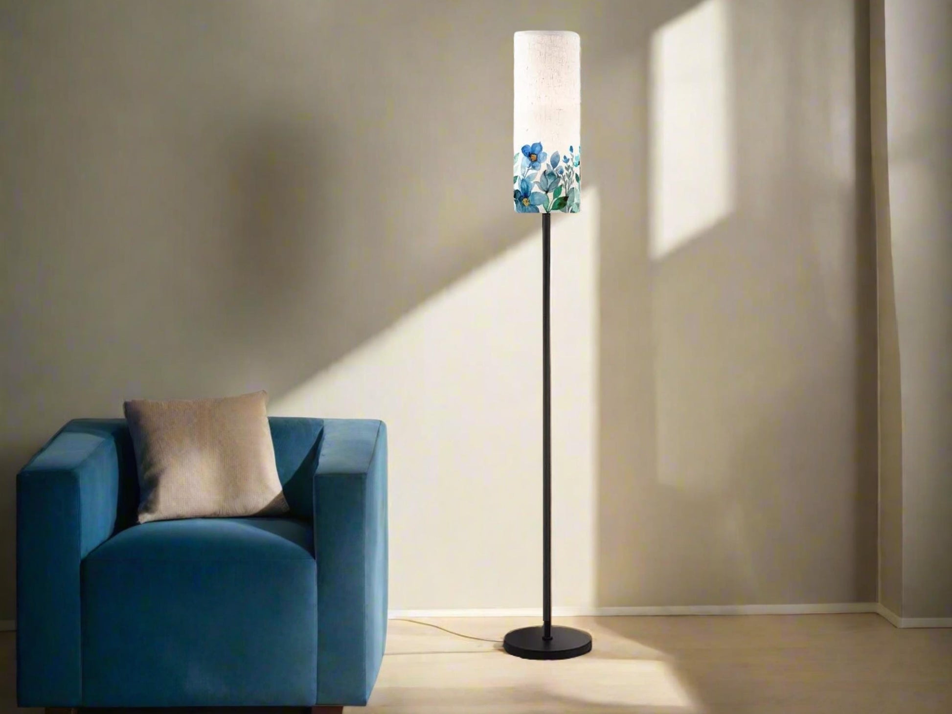 Floor Lamp Mid Century Modern Beige Blue Floor Lamp Stripe MCM Floor Lighting Tall Lamp Subtle Floral Blue Accent Lighting Vintage Mod Decor