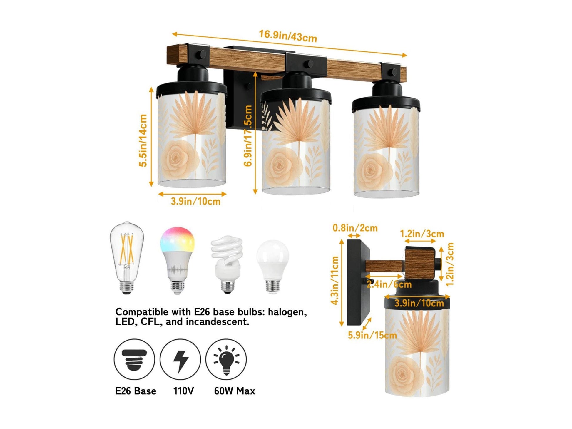 Modern Vanity Light Fixture Bathroom Lighting Desert 3-Light Decorative Metal and Glass Restroom Light Desert Orange Light Over Sink Decor
