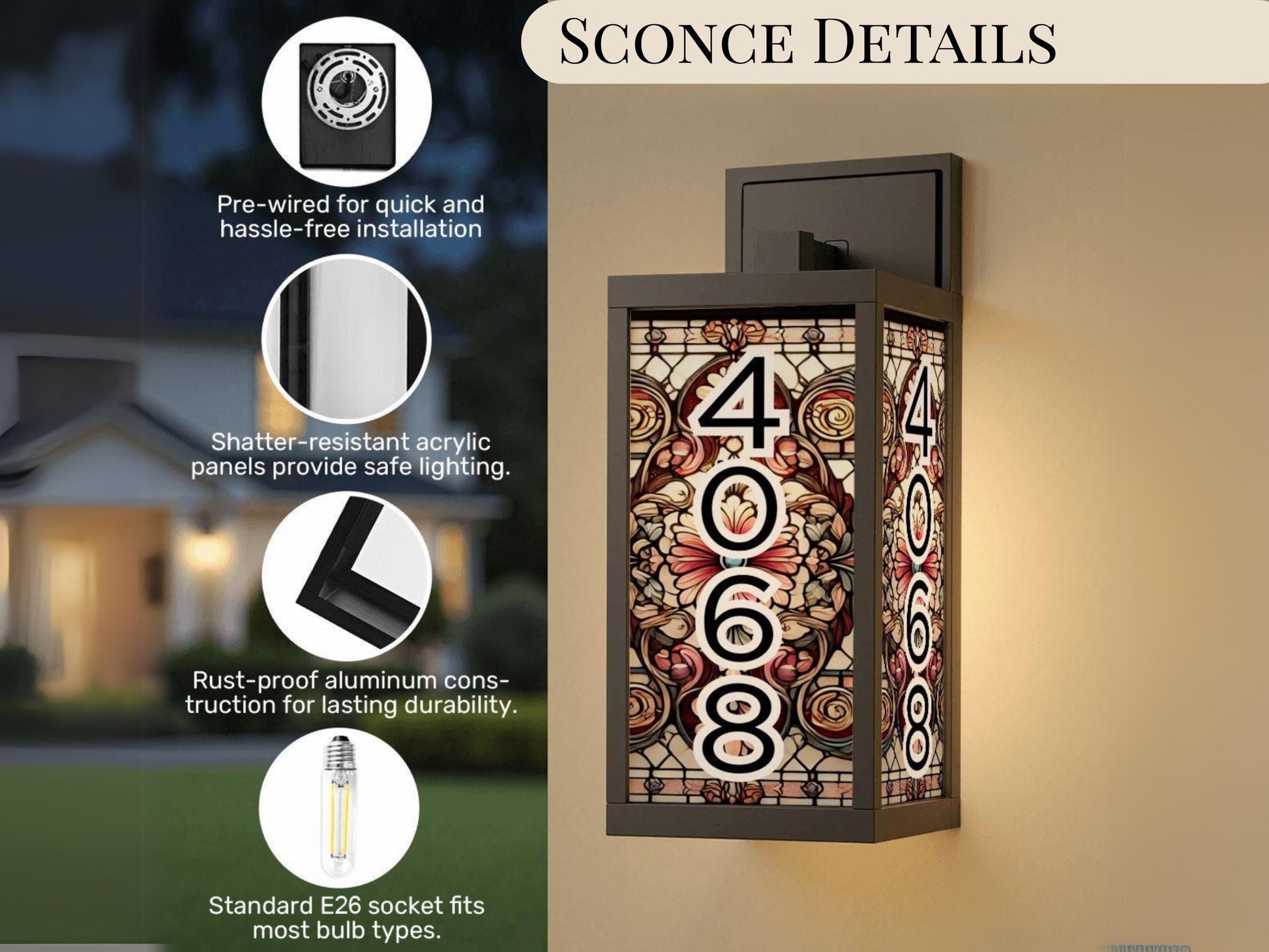 Porch Wall Light Personalized With House Number Stained Glass Wall Sconce Outdoor Lighting Fixture Custom Address Number Lamp Garage Sconce