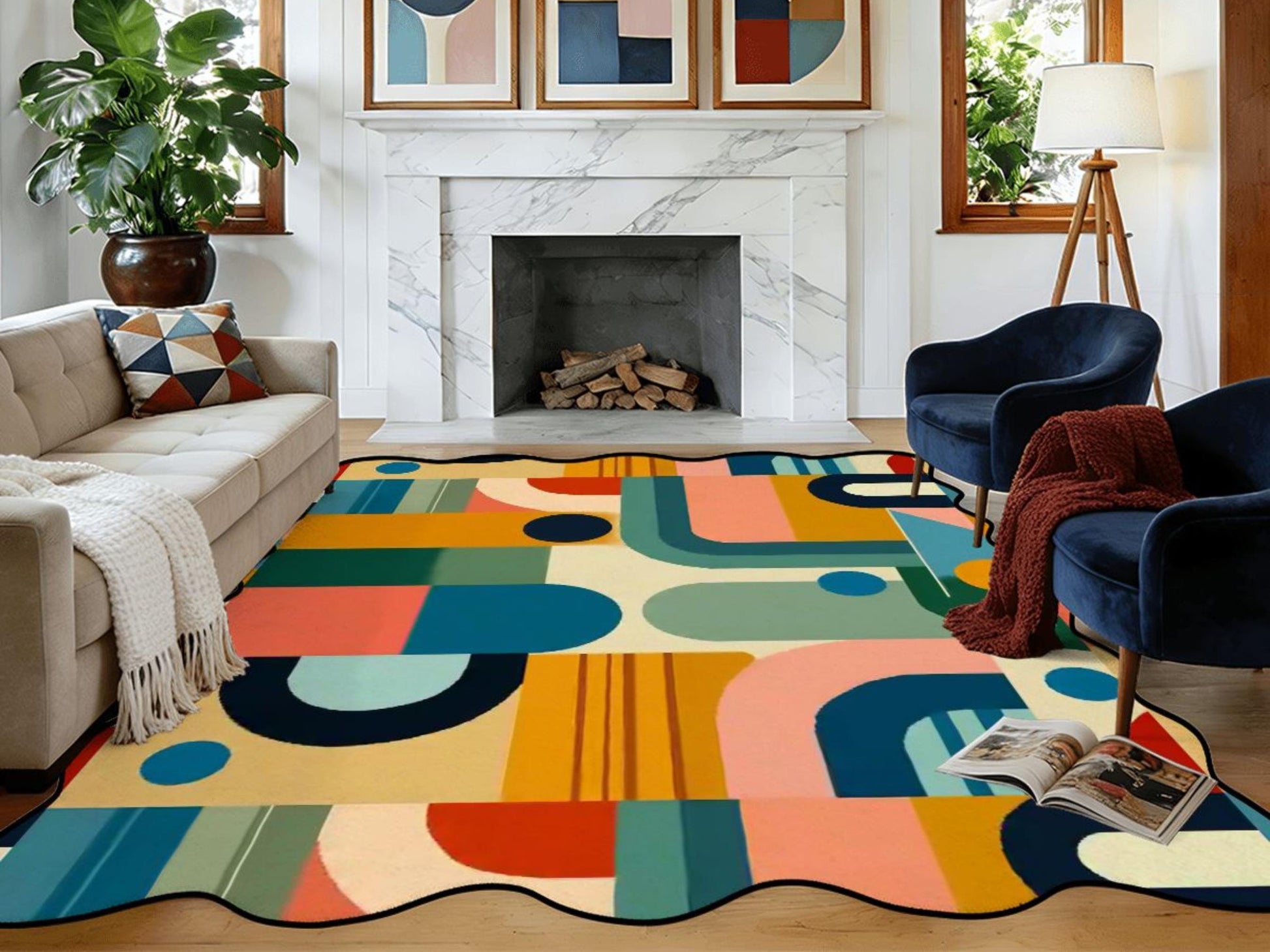 Mid Century Modern Scalloped Edge Rug 8x10 9x12 Geometric Area Rug MCM Retro Colorful Living Room Rug Statement Floor Decor Mid Mod Rug