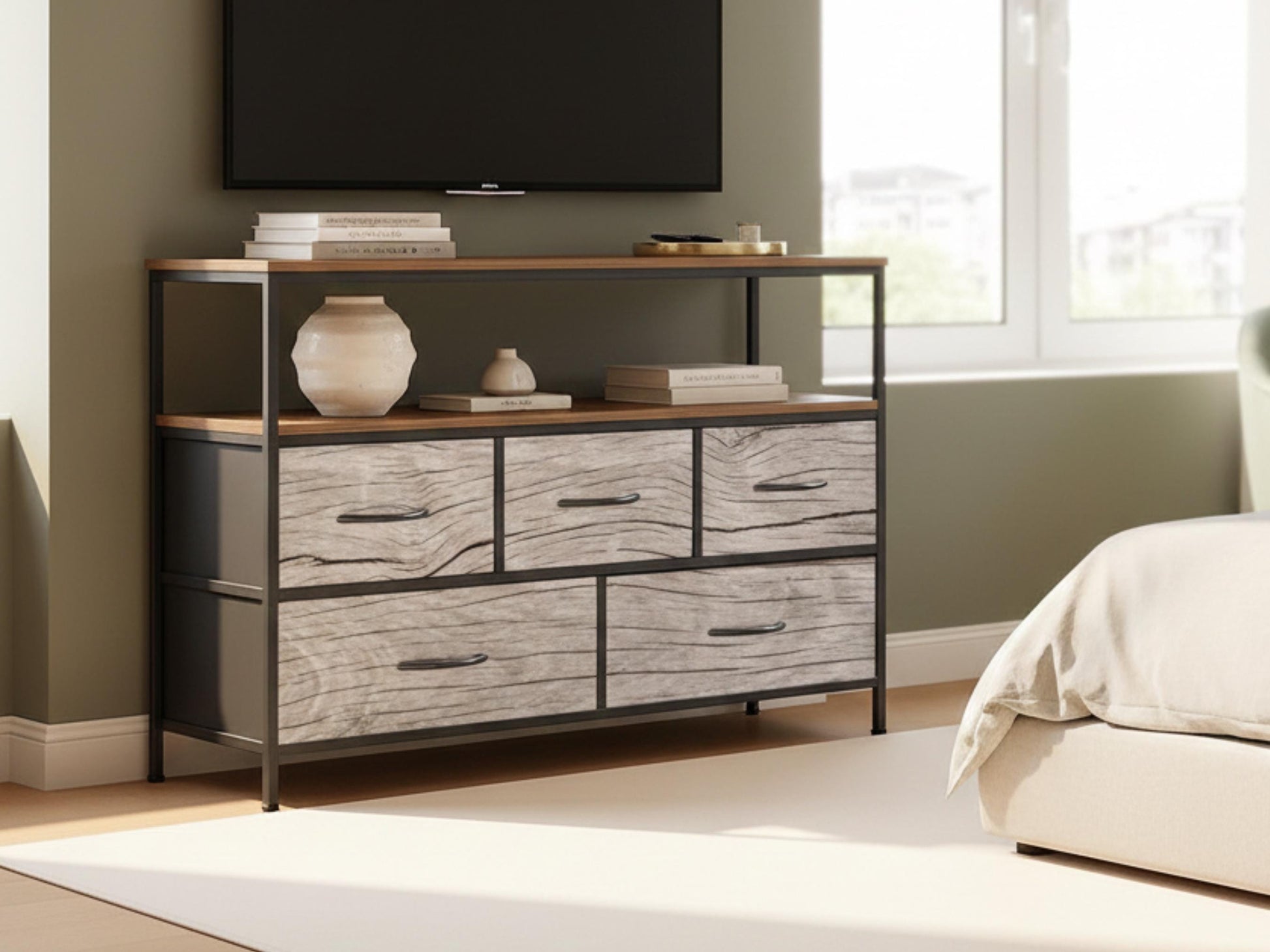 TV Stand With Drawers Driftwood Coastal Effect Decorative Fabric Drawers Bedroom Chest of Drawers Beach Theme Modern Plug & Charging Station