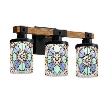 Pastel Floral Stained-Glass-Style Three-Light Vanity Fixture