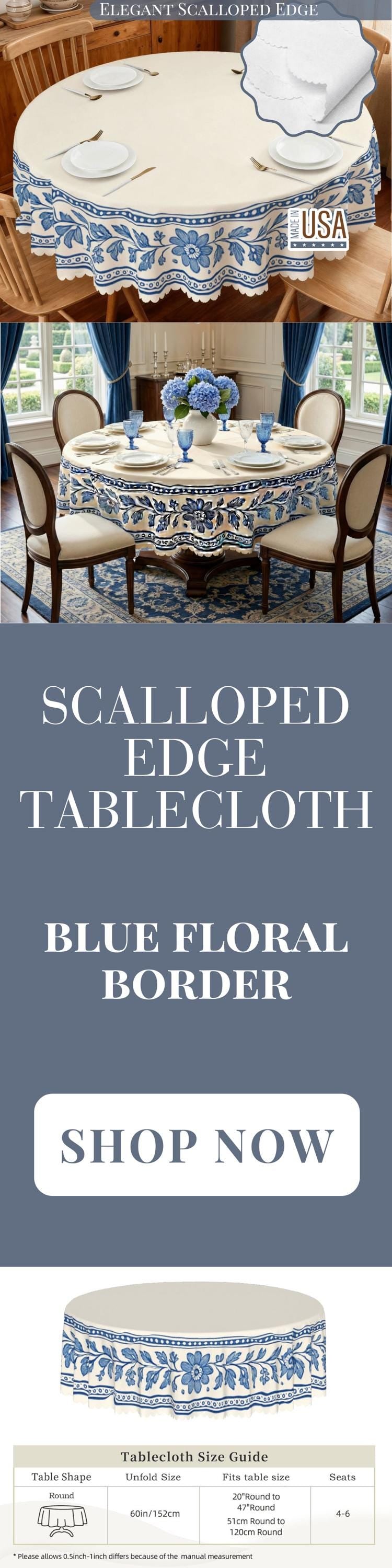 Tablecloth Flowers Border Scalloped Edge Lace Details For Dinner Events Spill-Proof Dining Table Cloth Washable Fabric Dining Tablecloth