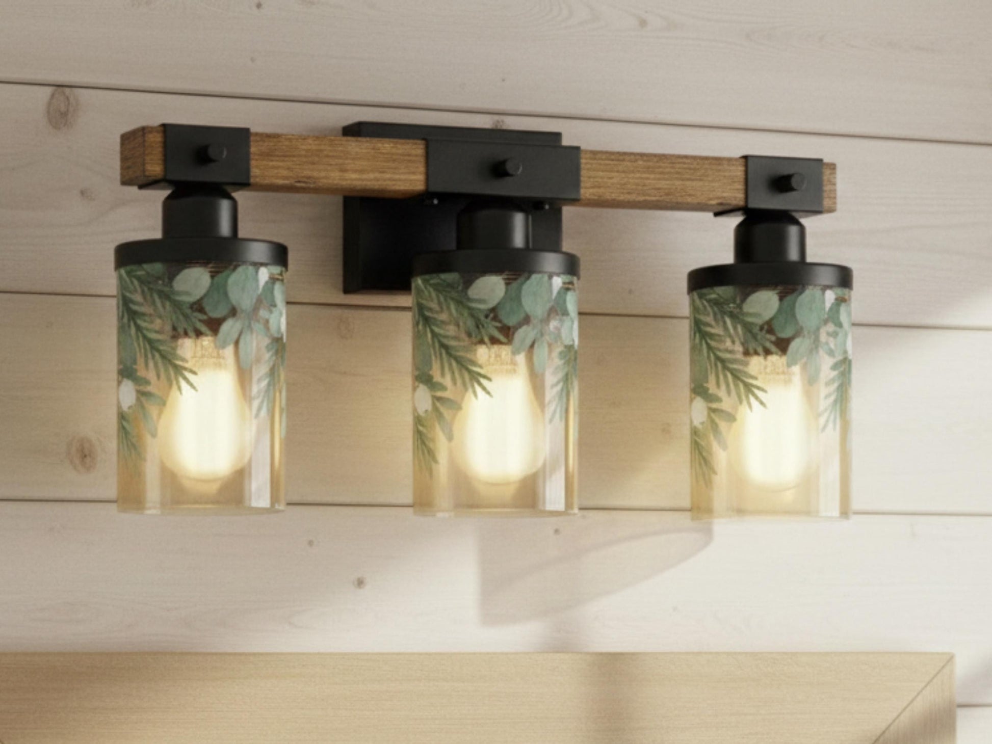 Bathroom Light Fixture Green Vanity Lighting  3-Light Decorative Metal & Glass Restroom Light Sage Greenery Pink Leaves Over Sink Decor
