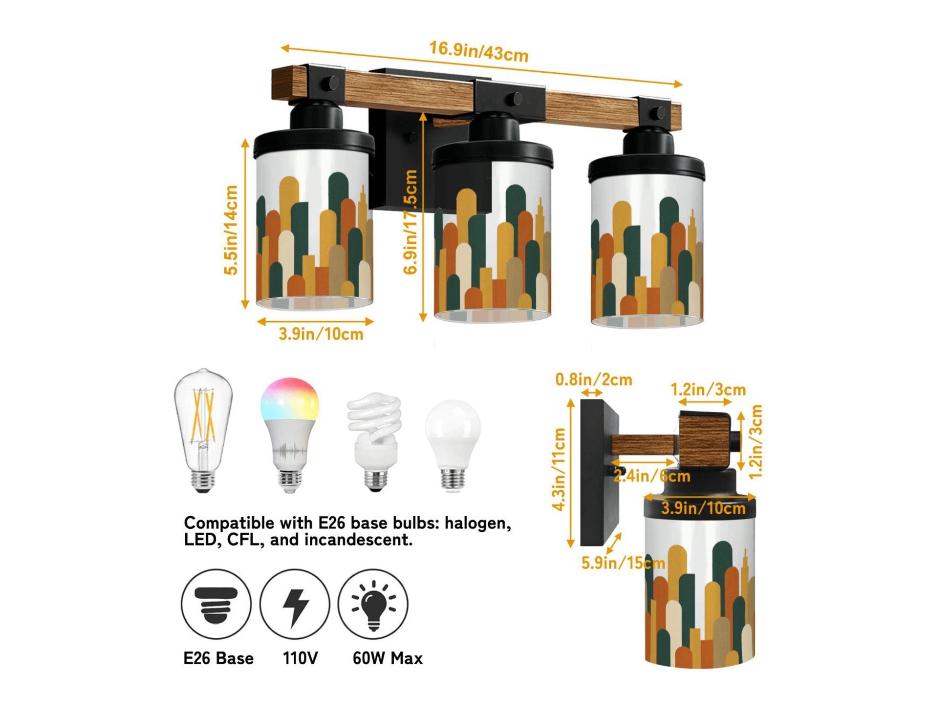 Luxury Bathroom Lighting MCM Vanity Light Fixture 3-Light Decorative Metal & Glass Restroom Light Midcentury Modern City Skyline Sink Decor