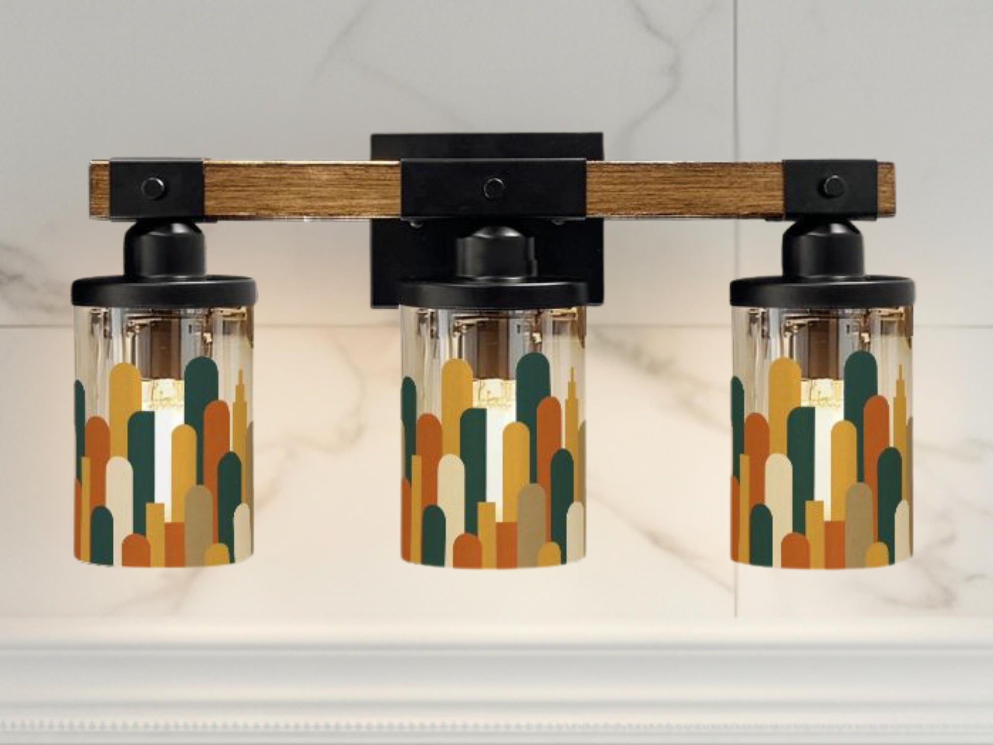 Luxury Bathroom Lighting MCM Vanity Light Fixture 3-Light Decorative Metal & Glass Restroom Light Midcentury Modern City Skyline Sink Decor