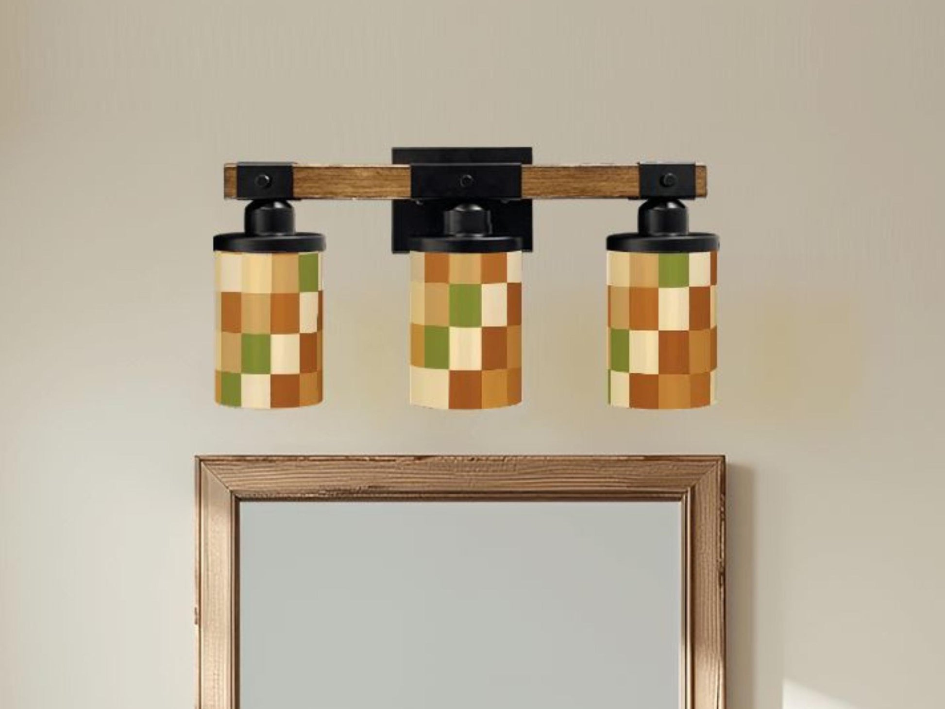 Luxury Bathroom Lighting MCM Vanity Light Fixture 3-Light Decorative Metal & Glass Restroom Light Midcentury Modern Checkers Over Sink Decor
