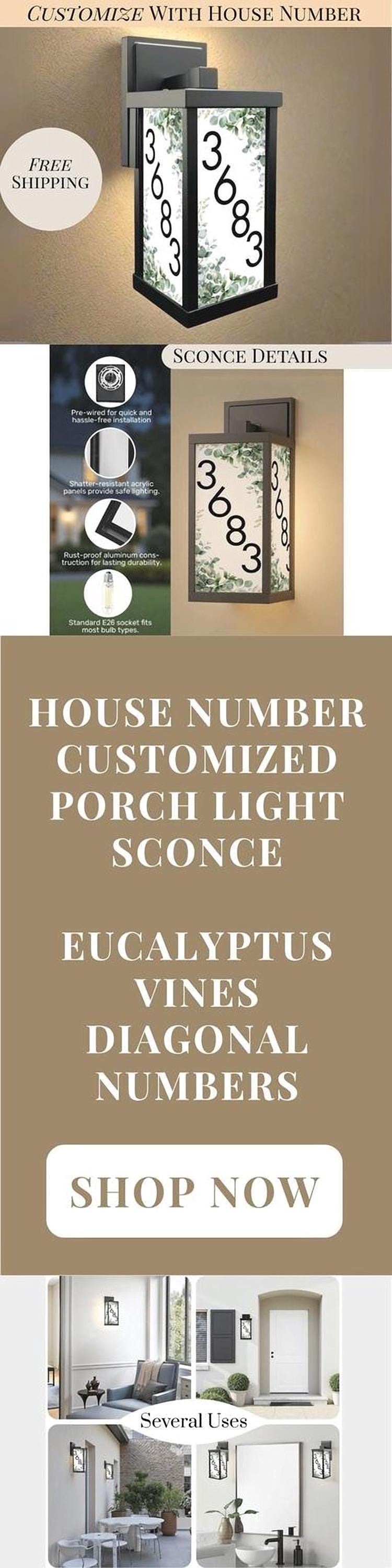 House Number Porch Wall Light Personalized With Eucalyptus Vine Wall Sconce Lighting Fixture Custom Address Number Lamp for Garage Sconce