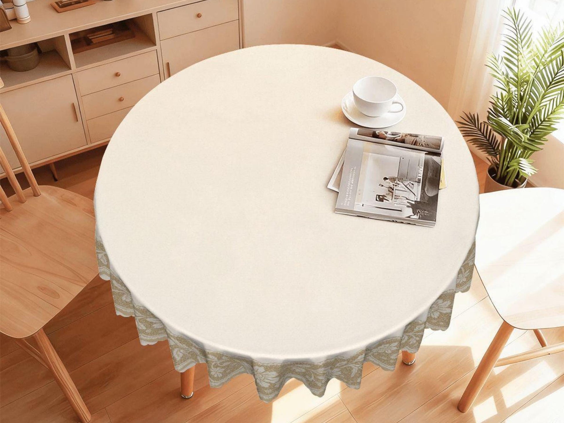 Round Floral Tablecloth With Scalloped Edge Lace Printed Detail Design Spill-Proof Elegant Washable Fabric Table Cloth For Dining Table