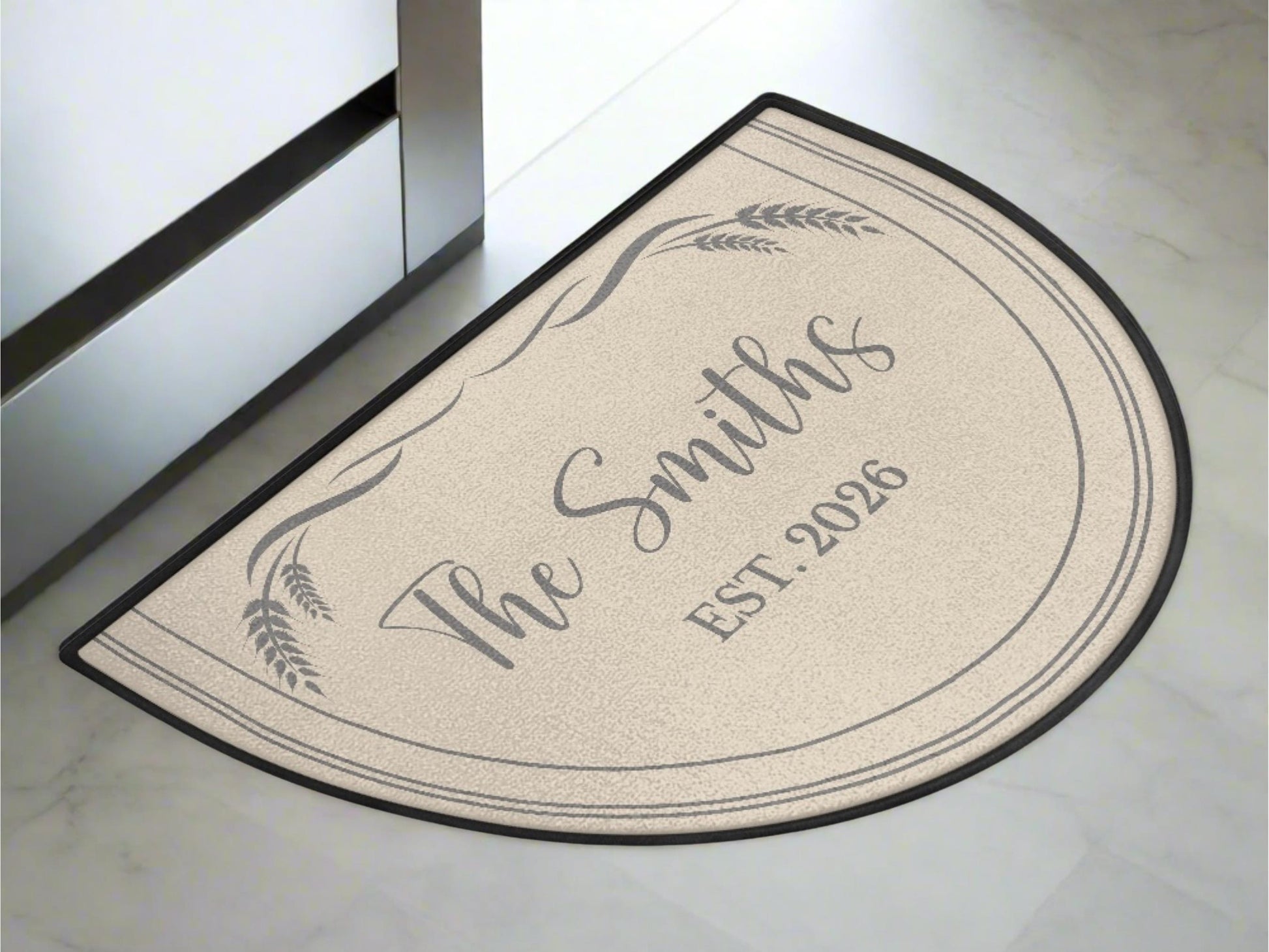 Custom Entryway Rug Welcome Mat Family Name Est Year Semi-Circle Minimalist Beige Carpet Accent Mat Rug Soft Short Pile Personalized Rug