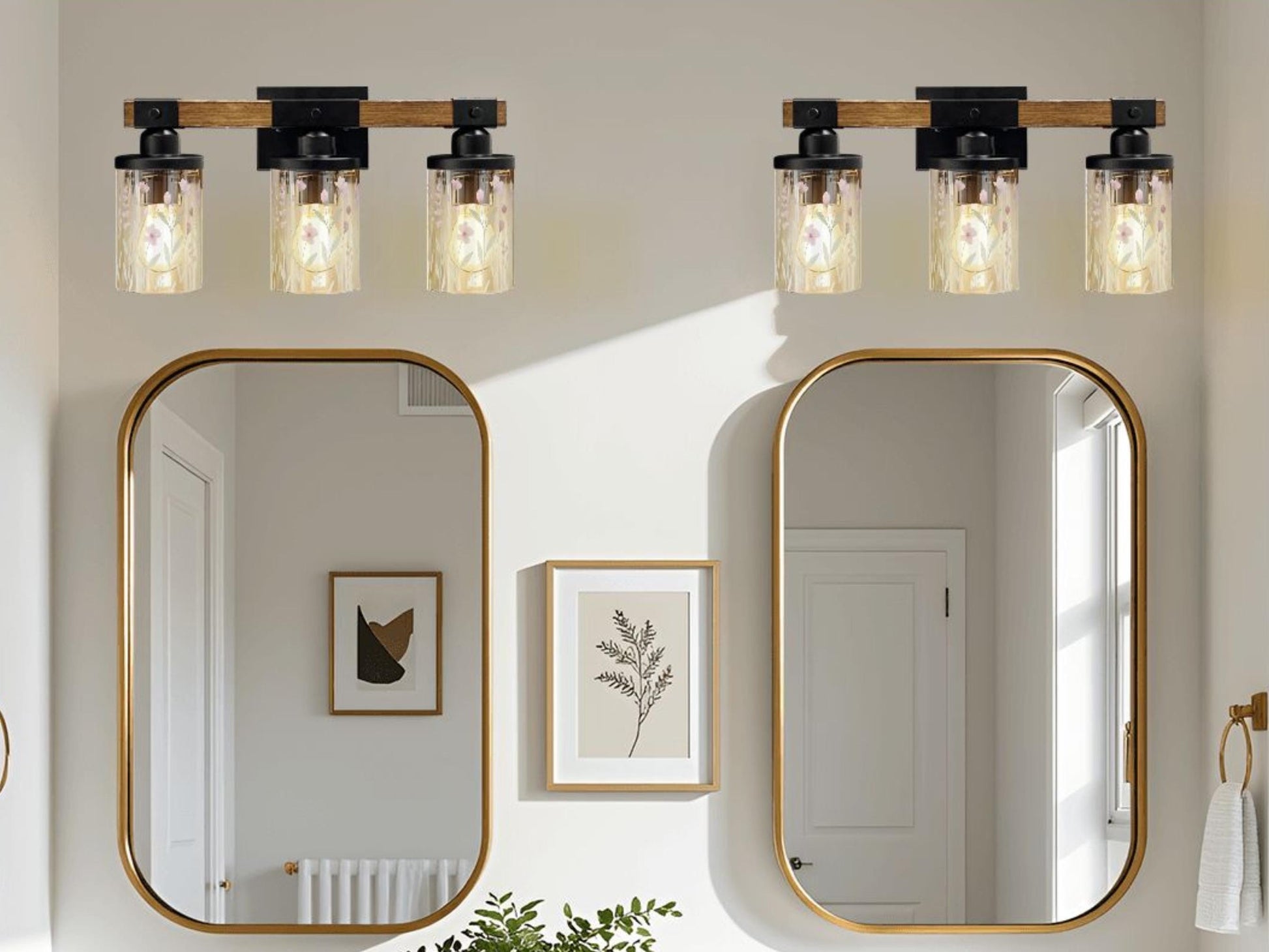 Luxury Bathroom Vanity Light Fixture 3-Light Watercolor Spring Floral Farmhouse Pink Flowers Metal and Glass Restroom Light Over Sink Decor