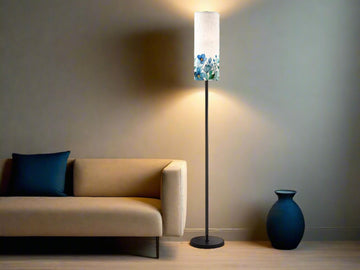 Floor Lamp Mid Century Modern Beige Blue Floor Lamp Stripe MCM Floor Lighting Tall Lamp Subtle Floral Blue Accent Lighting Vintage Mod Decor