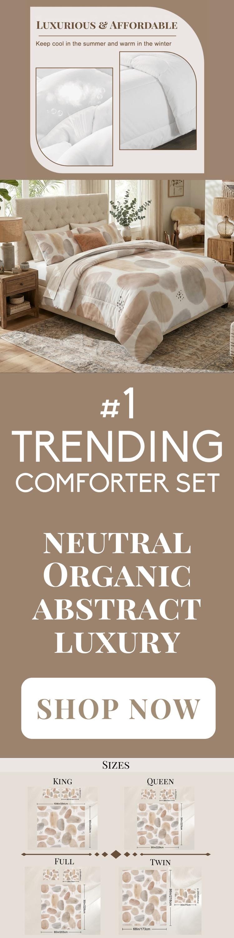 Comforter Set Neutral Organic Abstract Modern Minimal Bedding Cream Taupe Boho Bed Set Scandi Bedroom Decor King Queen Full Twin Pillowcase
