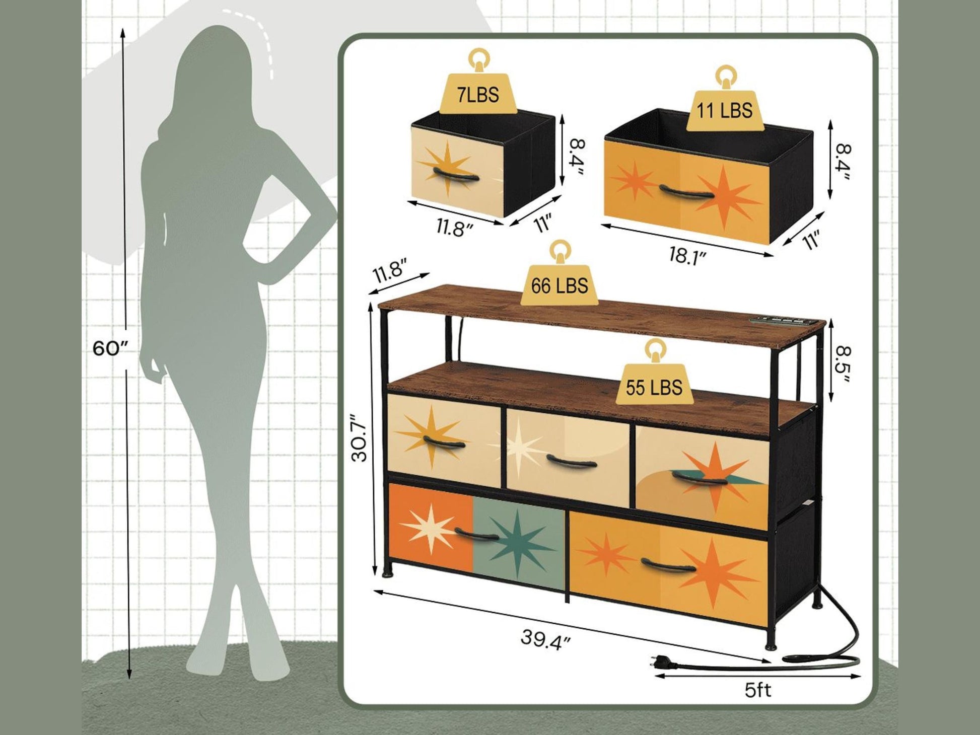 TV Stand With Drawers MCM Franciscan Starburst Decorative Fabric Drawers Bedroom Chest of Drawers Midcentury Modern Plug and Charging Port
