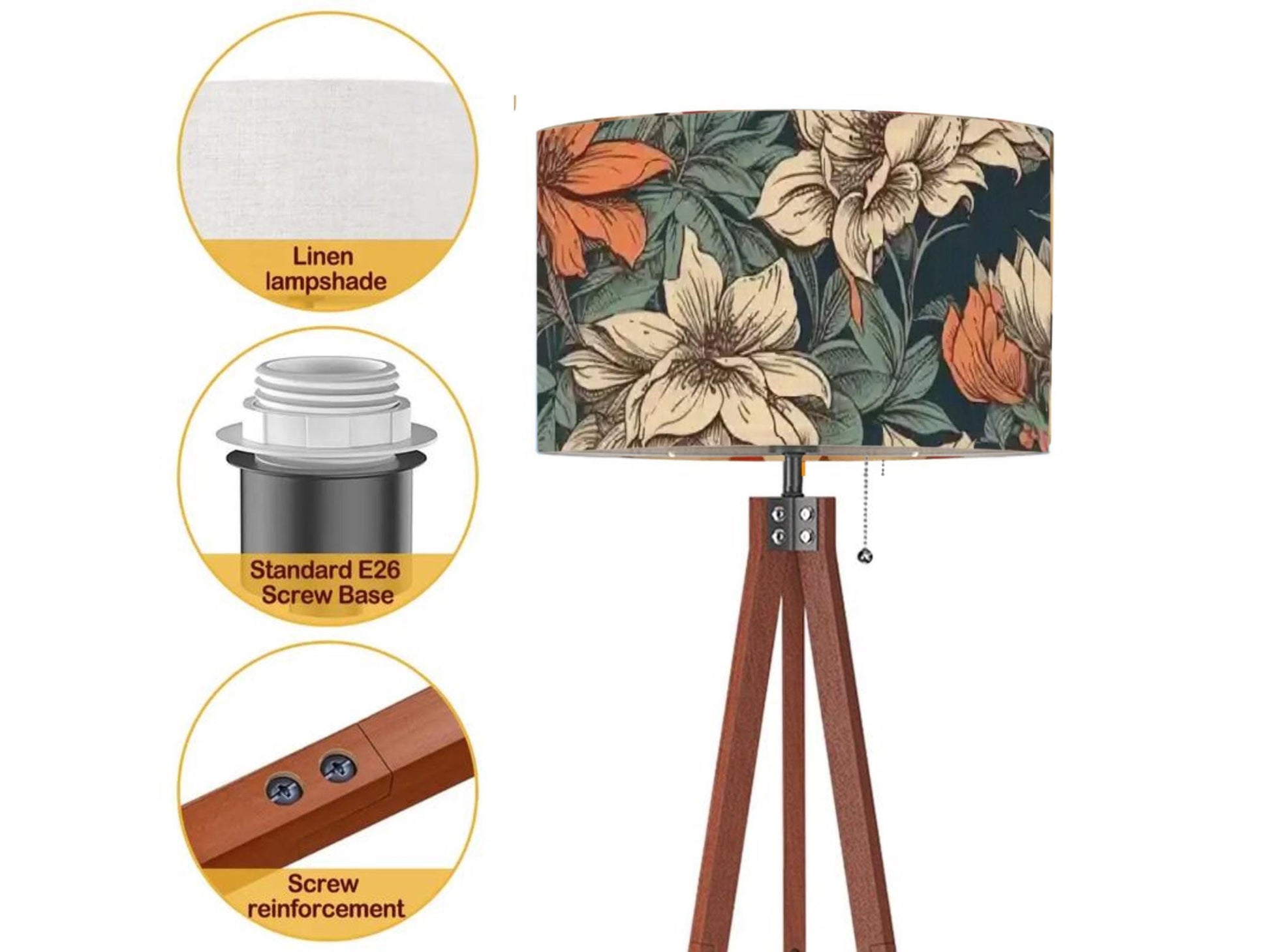 Floor Lamp Wood Tripod Tall Lamp Solid Wood Round Linen Shade Mid Century Floral Tall Lamp Housewarming Gift Living Room Lighting Decor Lamp
