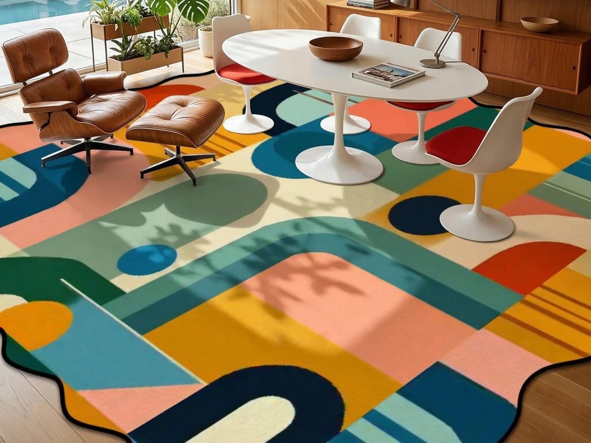 Mid Century Modern Scalloped Edge Rug 8x10 9x12 Geometric Area Rug MCM Retro Colorful Living Room Rug Statement Floor Decor Mid Mod Rug