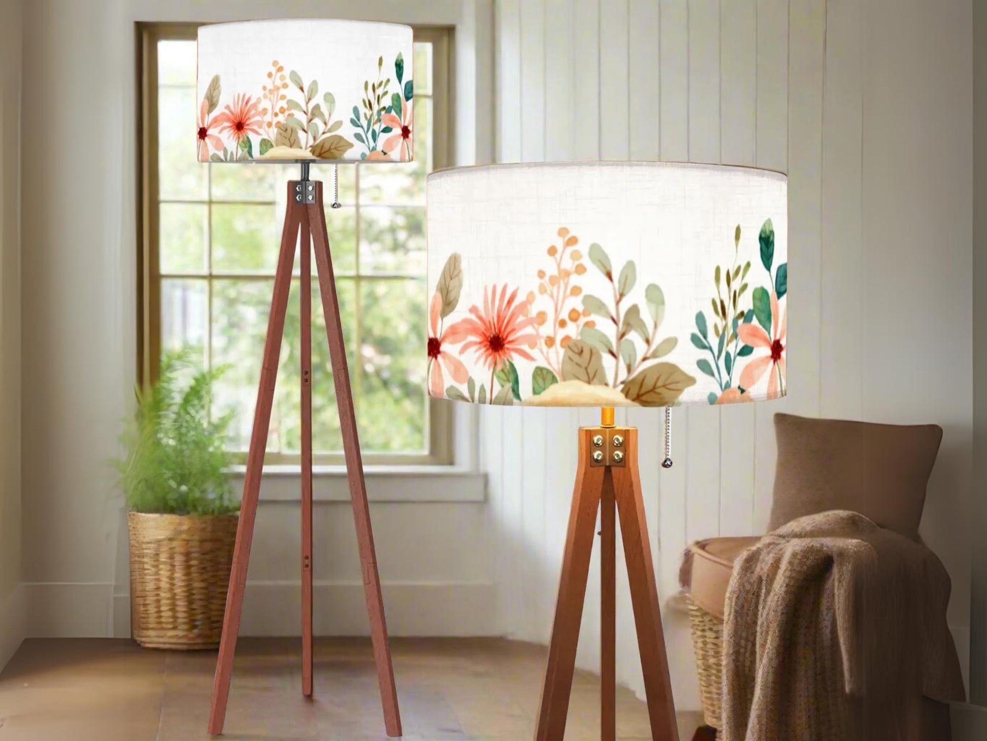 Floor Lamp Floral Tall Lamp Solid Wood Round Linen Shade Watercolor Floral Tall Lamp Housewarming Gift Living Room Lighting Decor Lamp