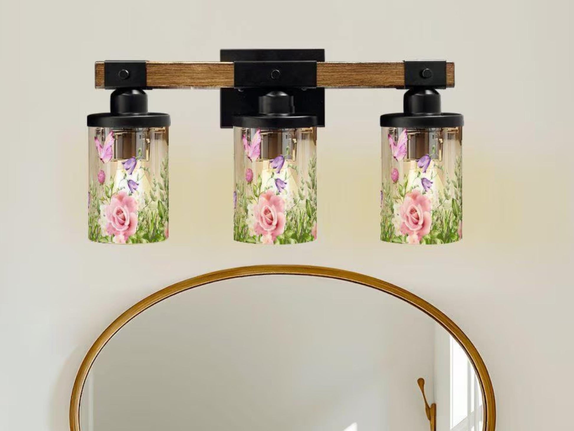 Bathroom Lighting Farmhouse Vanity Light Fixture Butterfly and Floral 3-Light Luxury Bathroom Metal and Glass Restroom Light Over Sink Decor