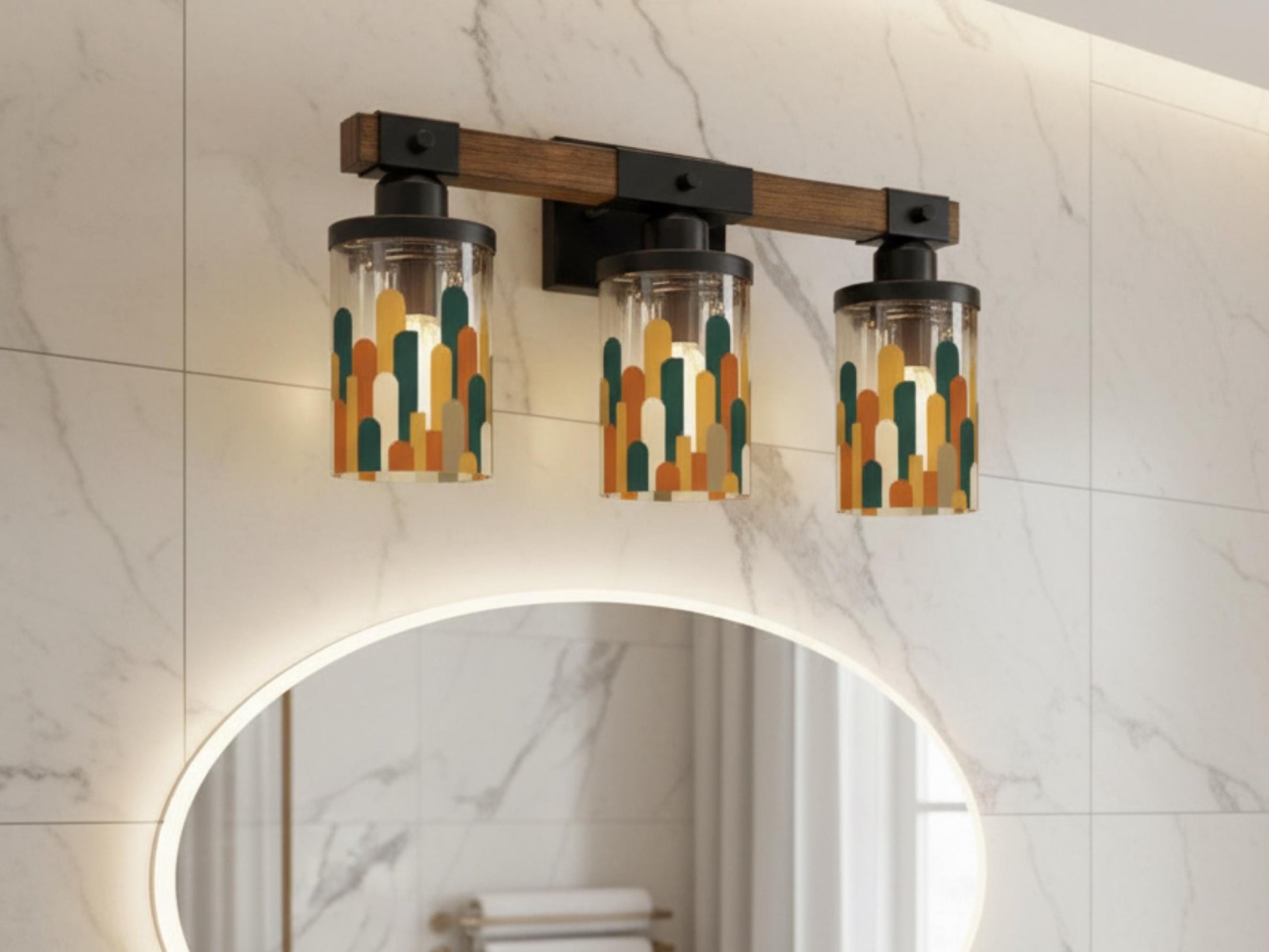 Luxury Bathroom Lighting MCM Vanity Light Fixture 3-Light Decorative Metal & Glass Restroom Light Midcentury Modern City Skyline Sink Decor