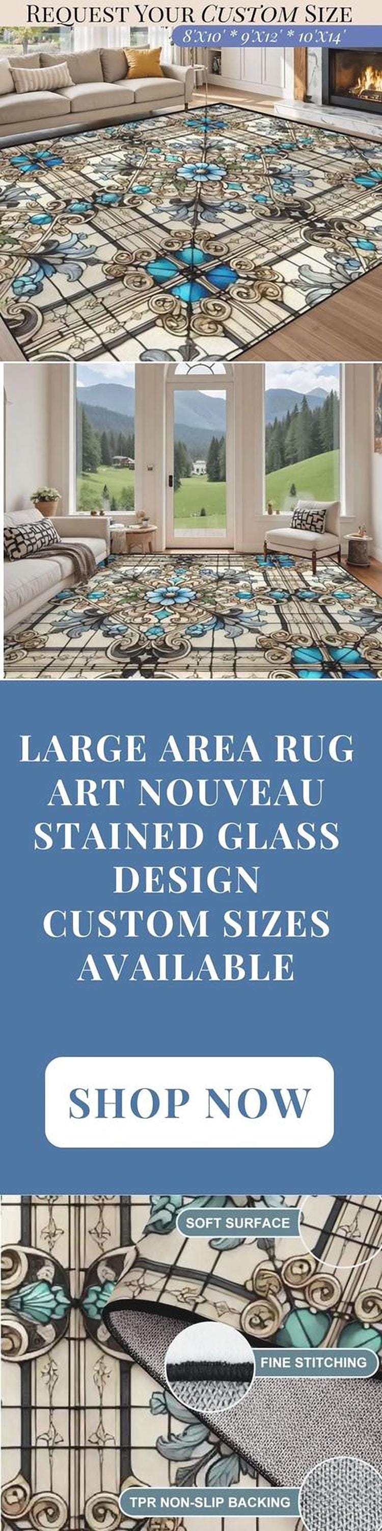 Custom Size Large Area Rug 8x10 Art Nouveau Living Room Rug Indoor Stained Glass Design Carpet 96in x 120in Family Room Rug Soft Short Pile