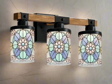 3 Light Vanity Light Fixture Stained Glass Affect Luxury Bathroom Lighting Modern Pattern Metal and Glass Restroom Light Over Sink Decor